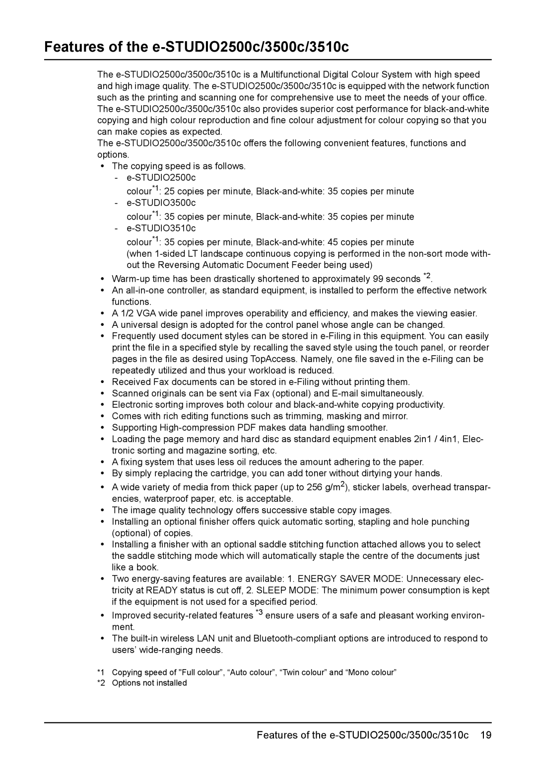 Toshiba manual Features of the e-STUDIO2500c/3500c/3510c 