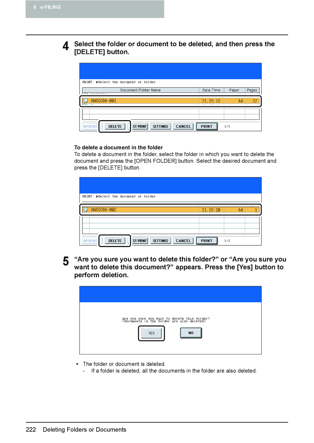 Toshiba e-STUDIO2500c/3500c/3510c manual Perform deletion, To delete a document in the folder 