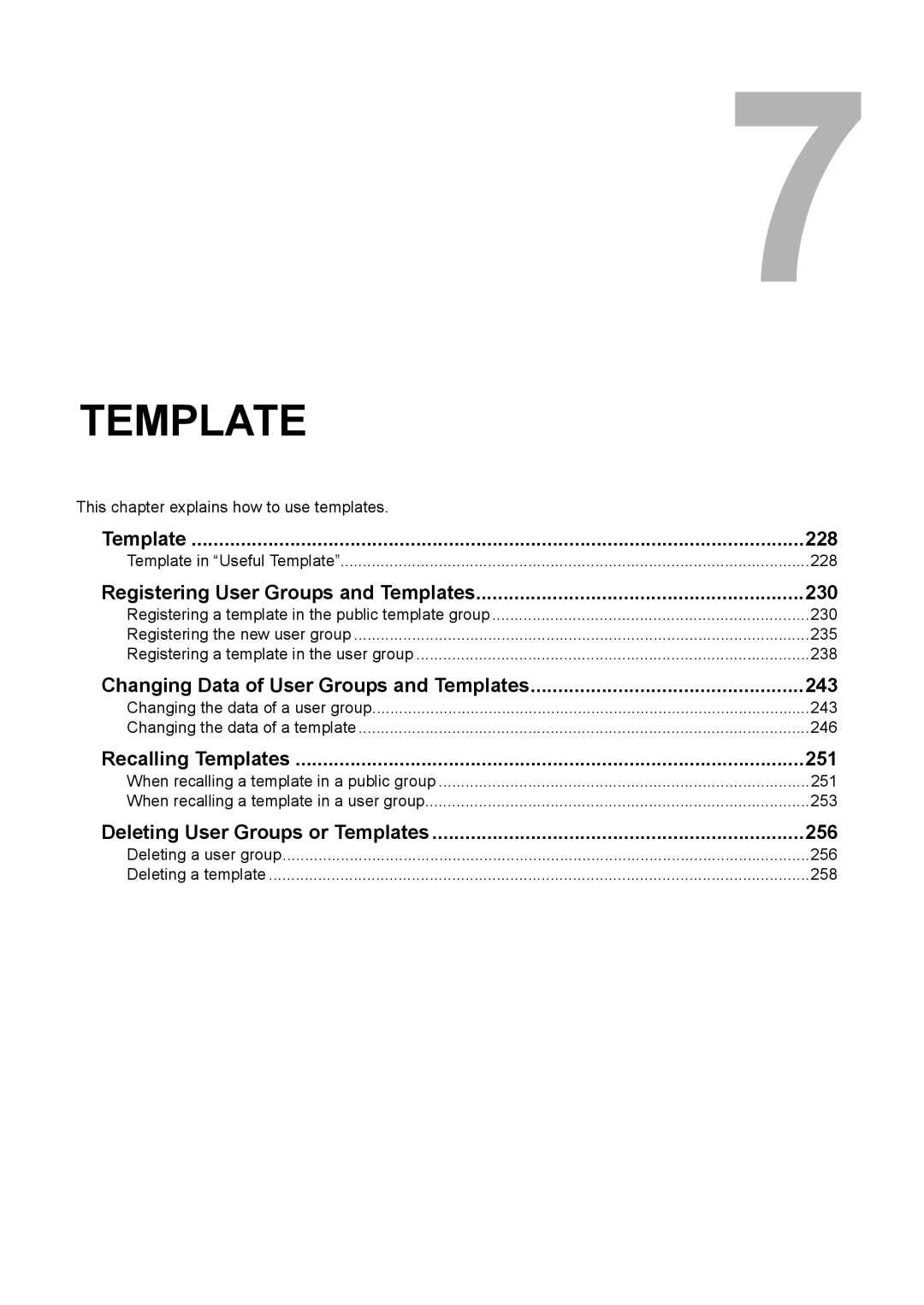 Toshiba e-STUDIO2500c/3500c/3510c manual Template 228, 230, 243, Recalling Templates 251, 256 