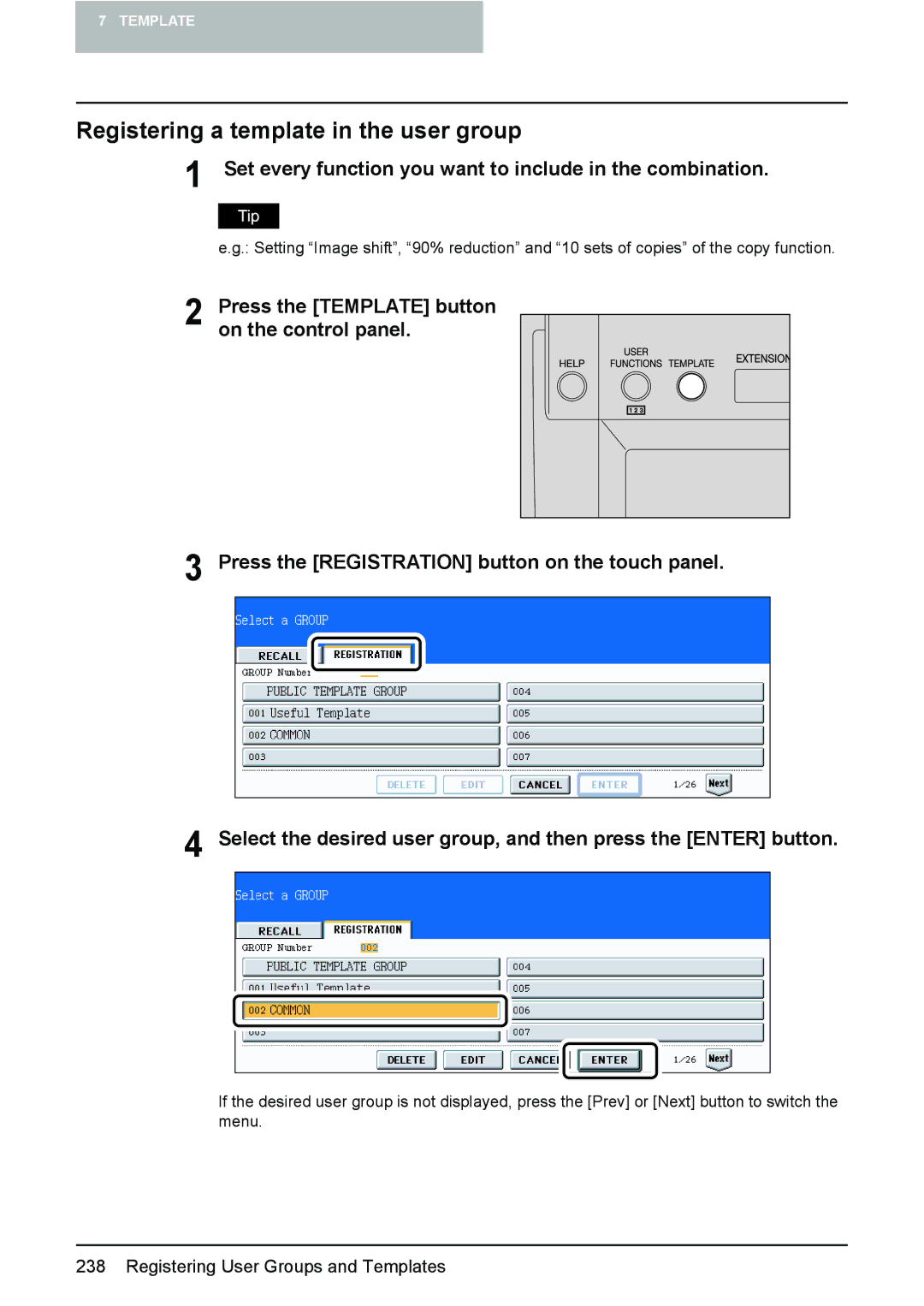 Toshiba e-STUDIO2500c/3500c/3510c manual Registering a template in the user group 