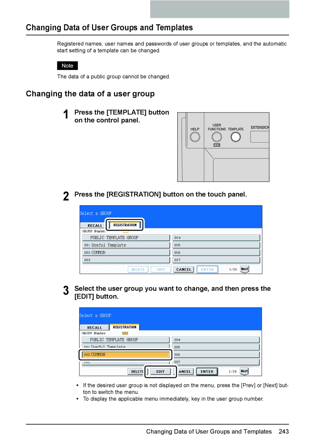 Toshiba e-STUDIO2500c/3500c/3510c manual Changing Data of User Groups and Templates, Changing the data of a user group 