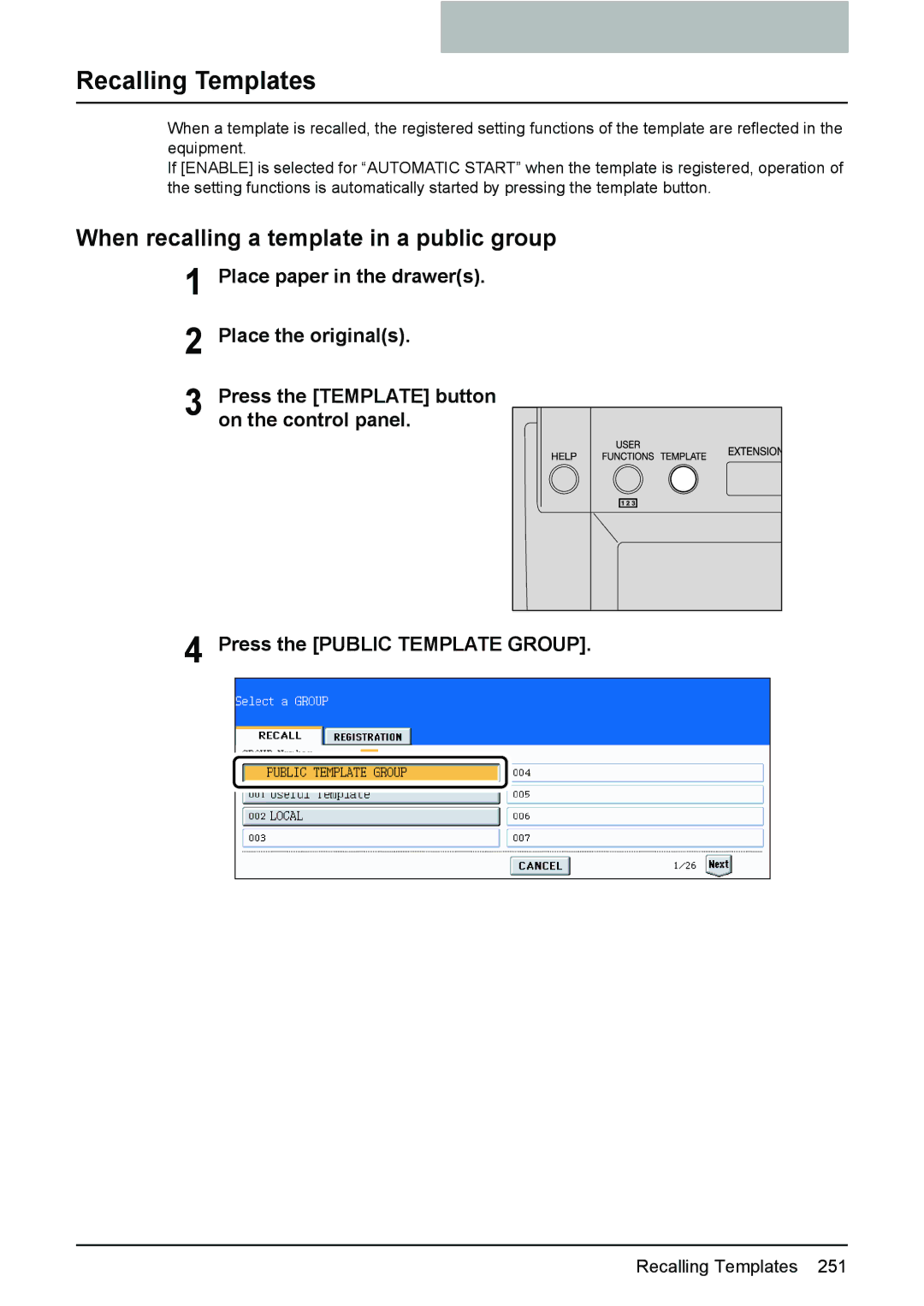 Toshiba e-STUDIO2500c/3500c/3510c manual Recalling Templates, When recalling a template in a public group 