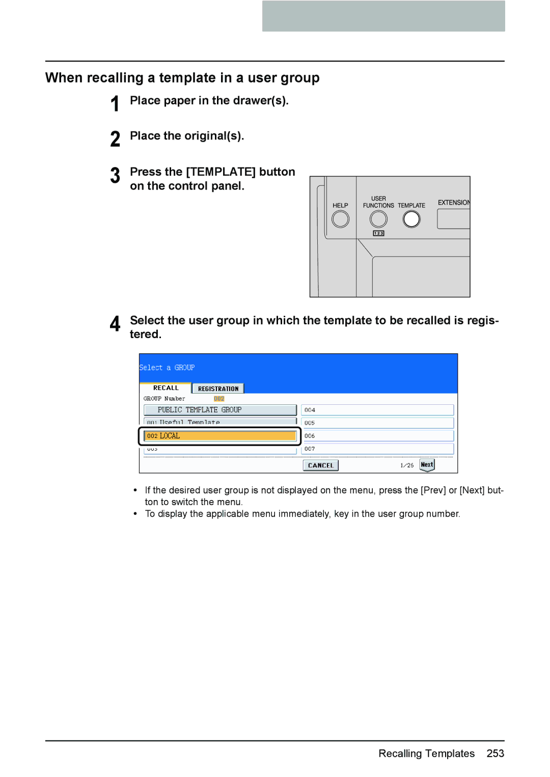 Toshiba e-STUDIO2500c/3500c/3510c manual When recalling a template in a user group 