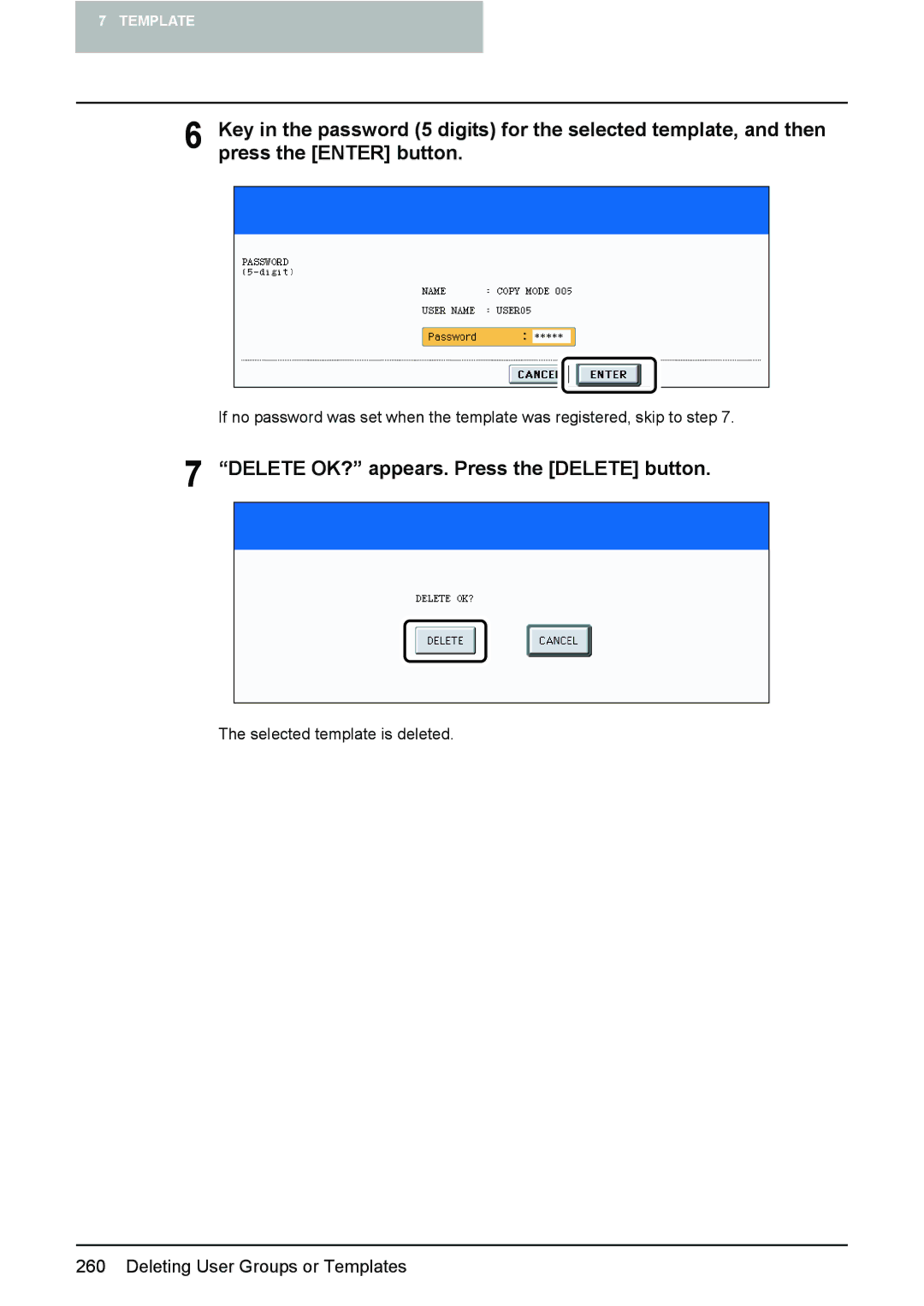 Toshiba e-STUDIO2500c/3500c/3510c manual Selected template is deleted 