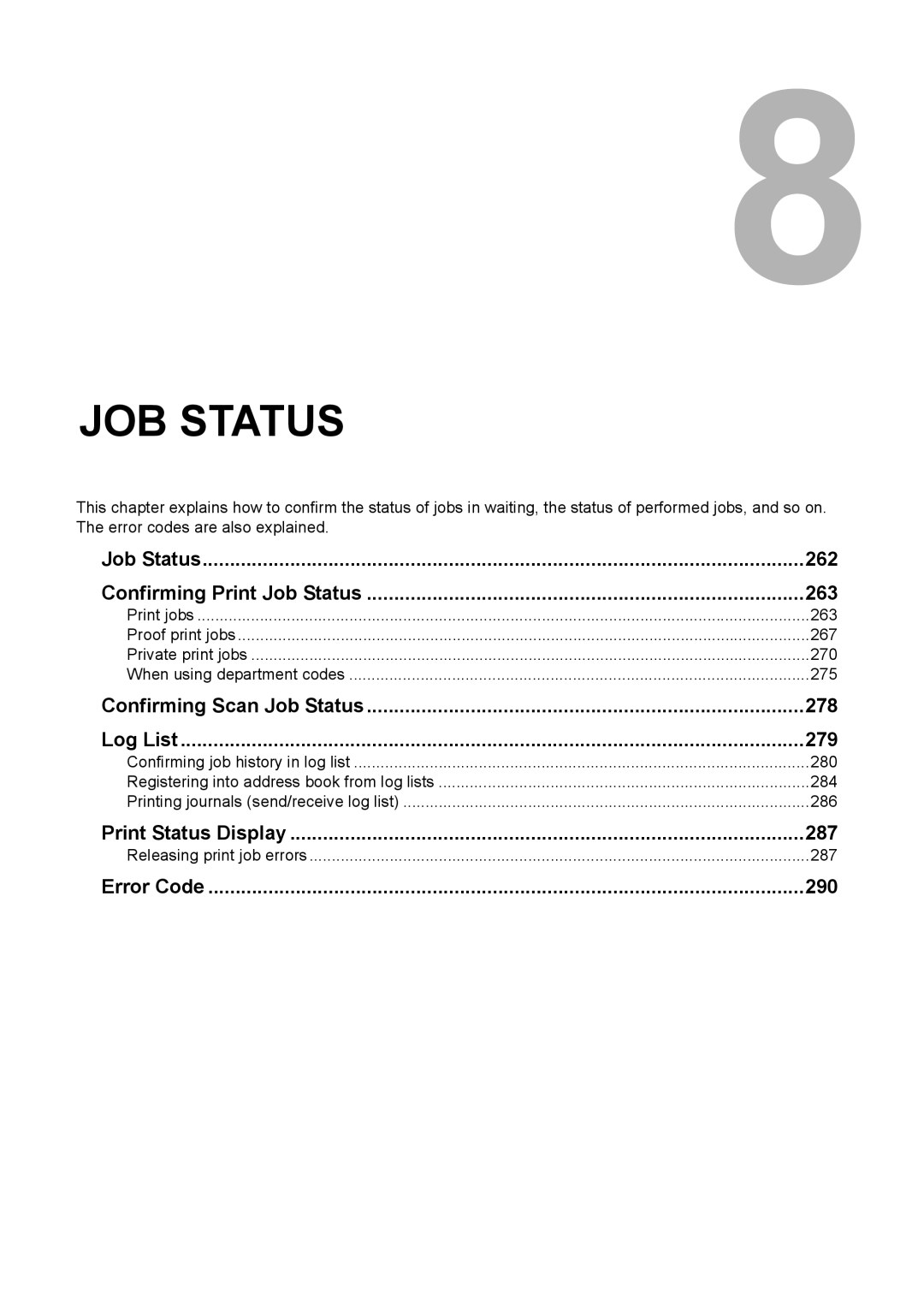 Toshiba e-STUDIO2500c/3500c/3510c Job Status 262 Confirming Print Job Status 263, Print Status Display 287, Error Code 290 