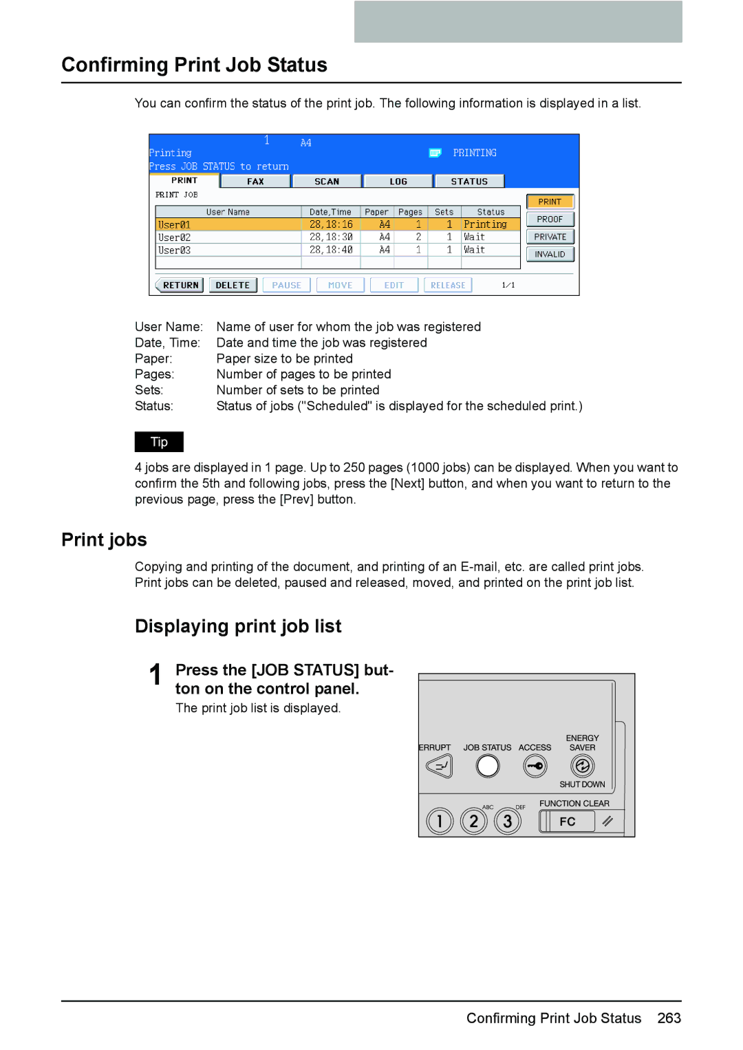 Toshiba e-STUDIO2500c/3500c/3510c manual Confirming Print Job Status, Print jobs, Displaying print job list 