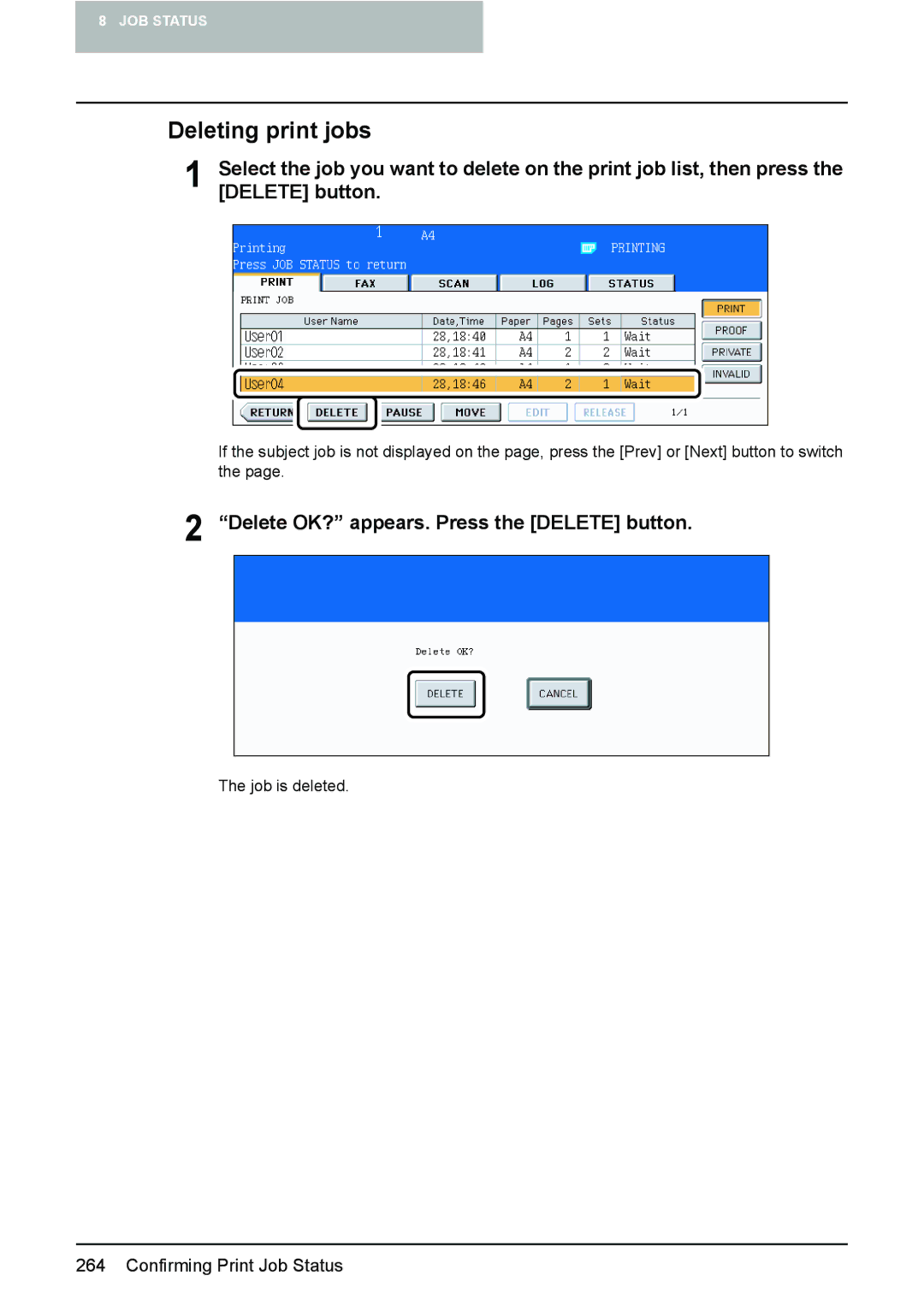 Toshiba e-STUDIO2500c/3500c/3510c manual Deleting print jobs, Delete button 