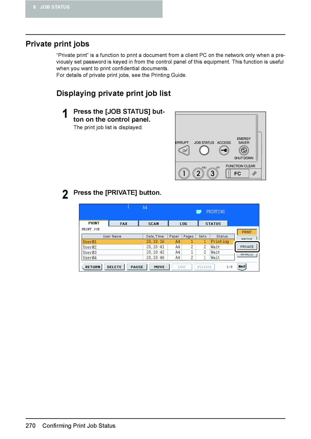 Toshiba e-STUDIO2500c/3500c/3510c manual Private print jobs, Displaying private print job list, Press the Private button 