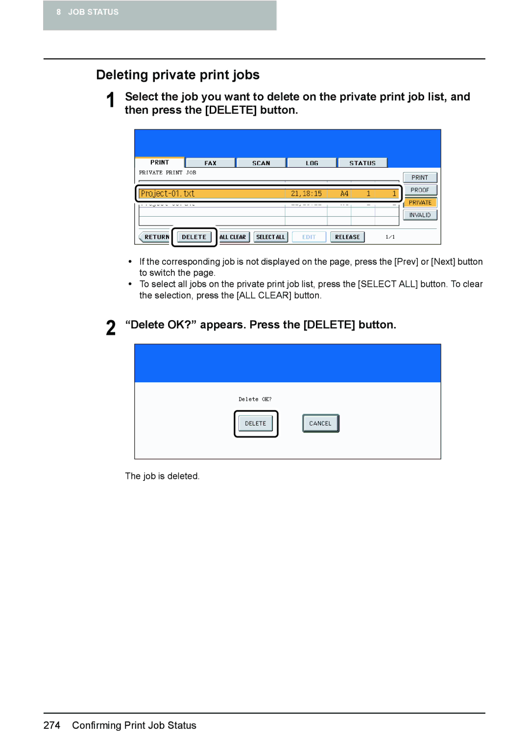 Toshiba e-STUDIO2500c/3500c/3510c manual Deleting private print jobs, Delete OK? appears. Press the Delete button 