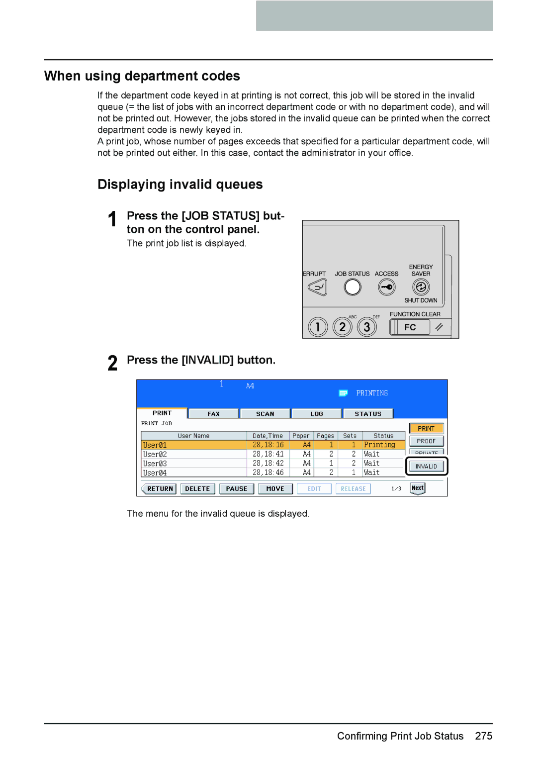 Toshiba e-STUDIO2500c/3500c/3510c manual When using department codes, Displaying invalid queues, Press the Invalid button 