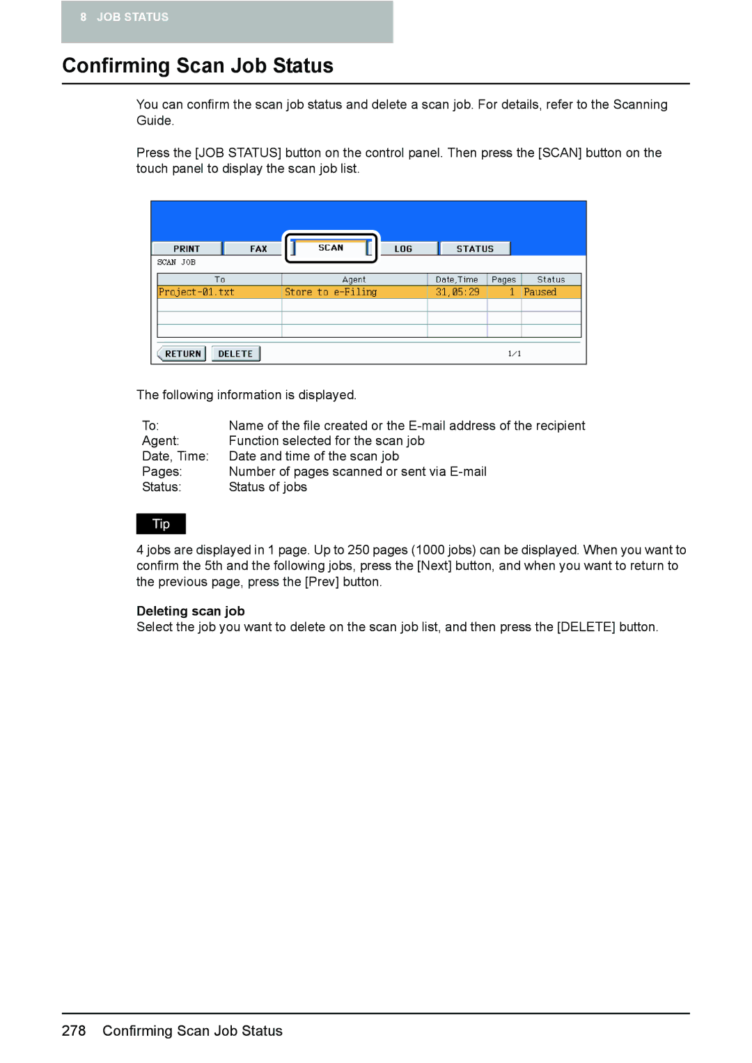 Toshiba e-STUDIO2500c/3500c/3510c manual Confirming Scan Job Status, Deleting scan job 