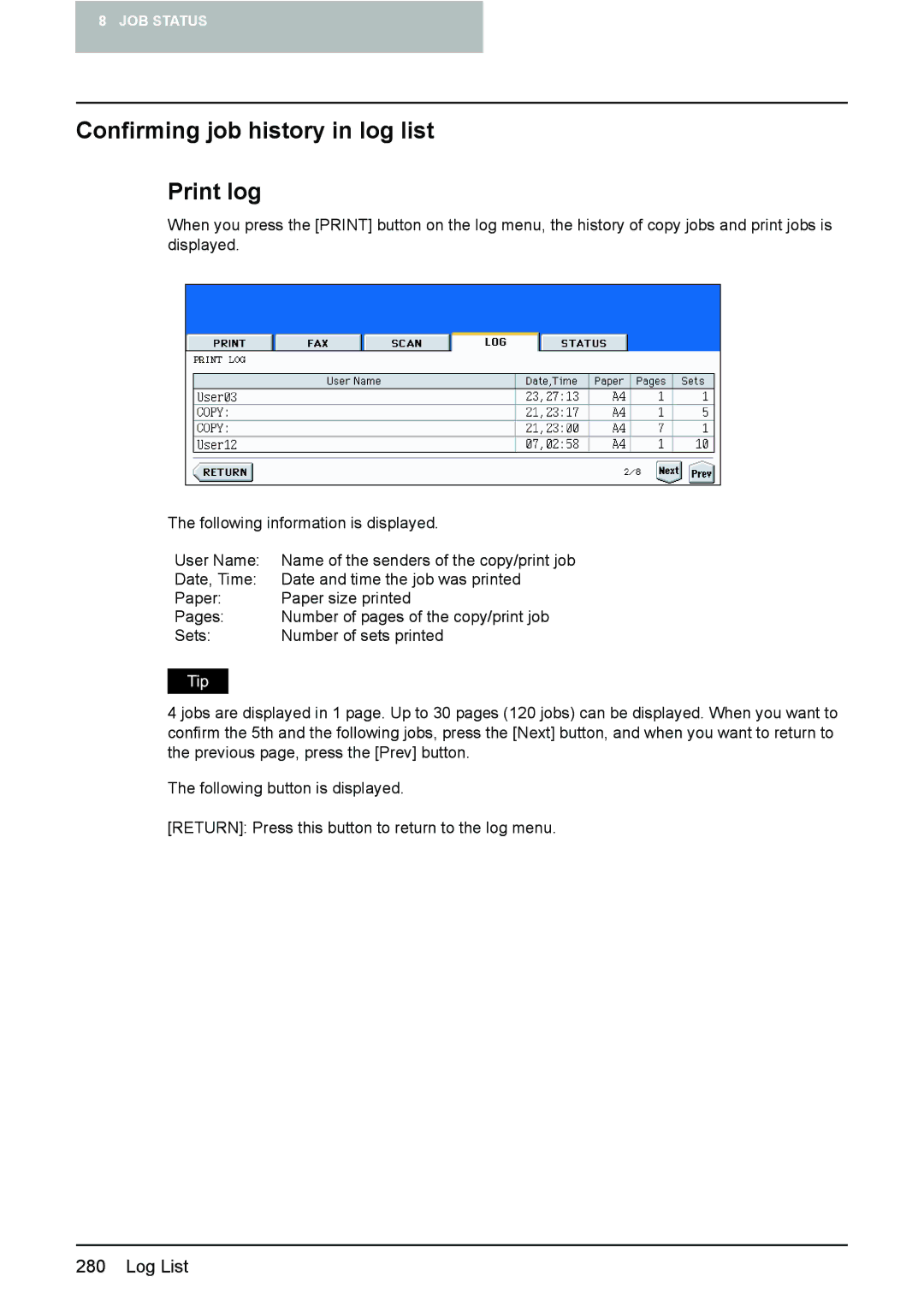 Toshiba e-STUDIO2500c/3500c/3510c manual Confirming job history in log list Print log 