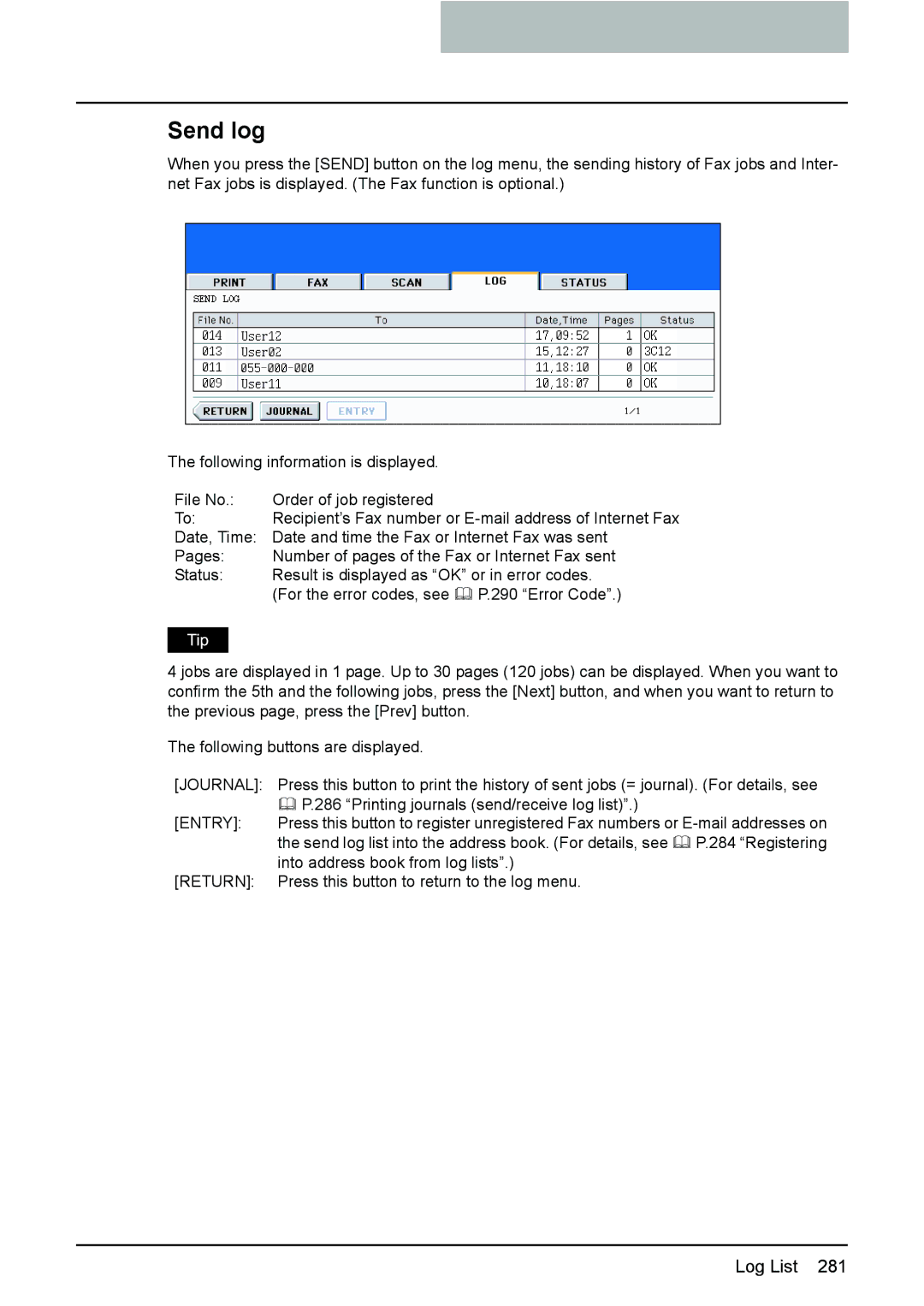 Toshiba e-STUDIO2500c/3500c/3510c manual Send log, Journal 