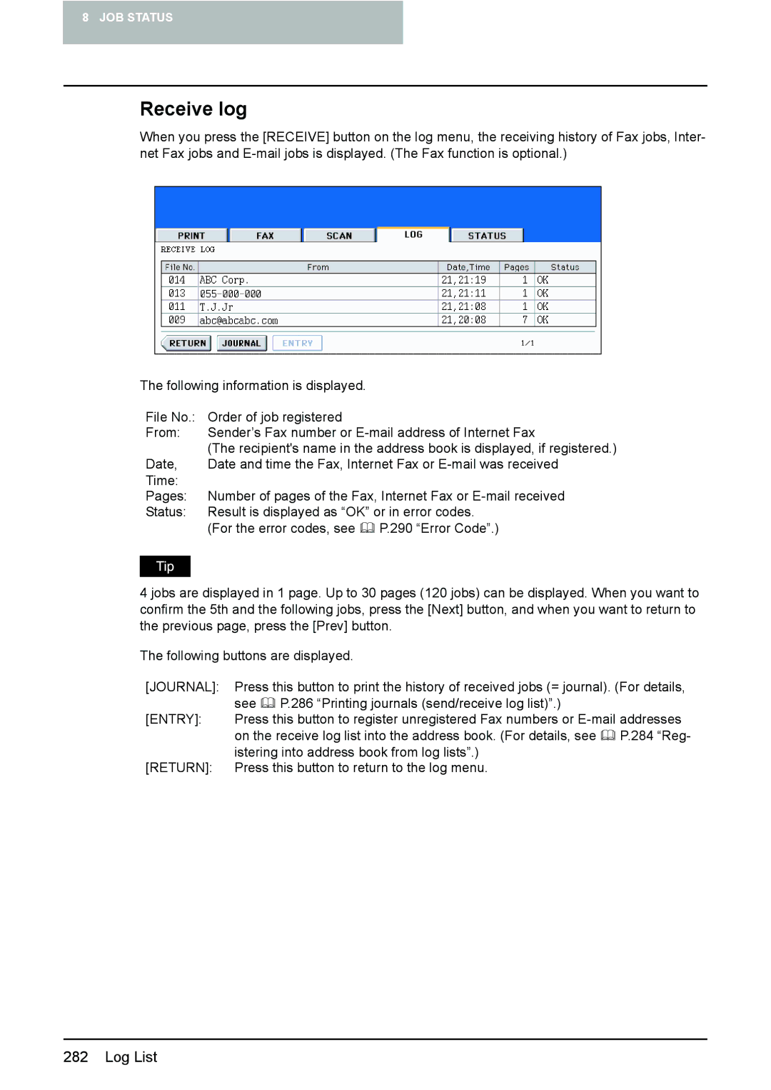 Toshiba e-STUDIO2500c/3500c/3510c manual Receive log 