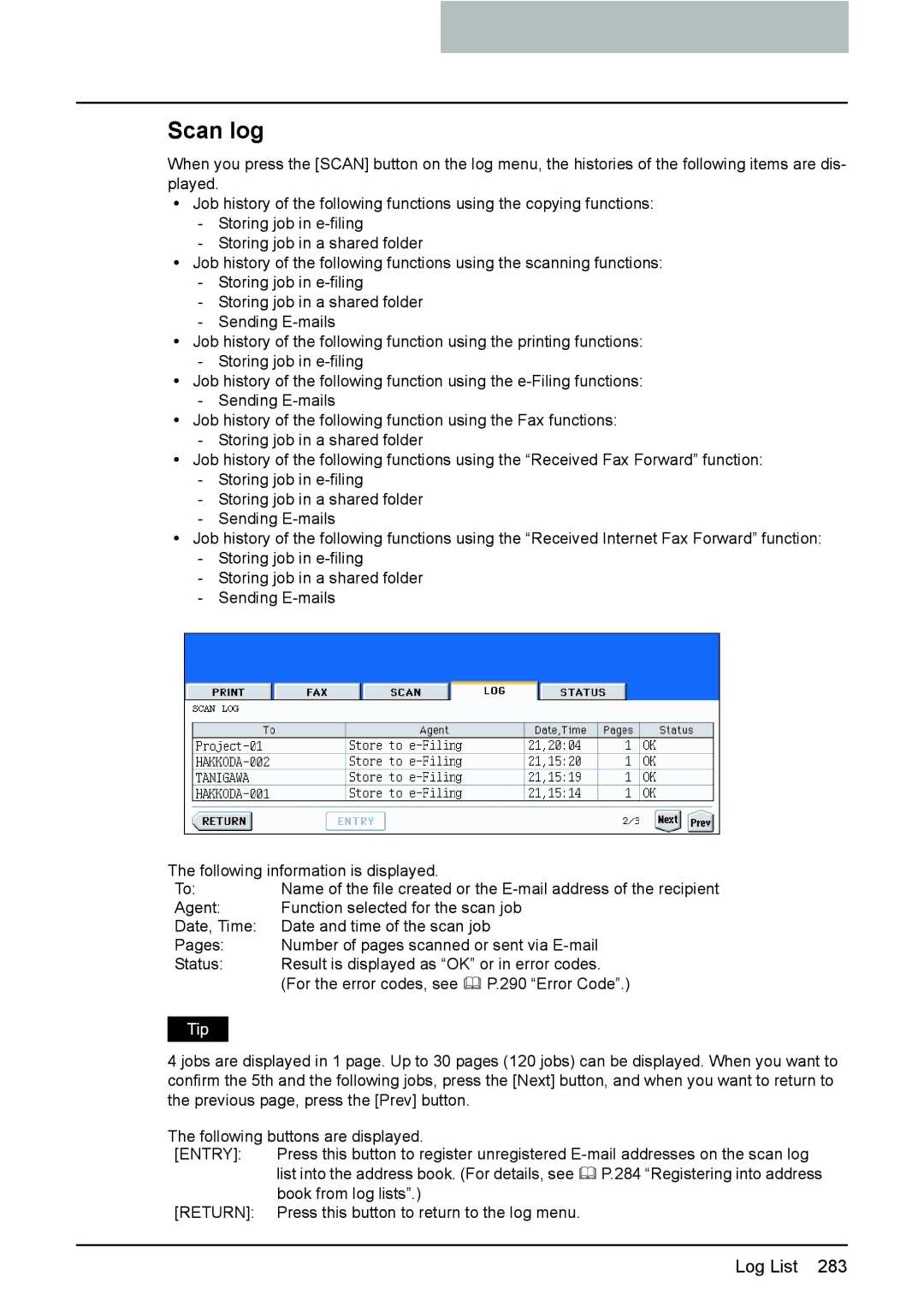 Toshiba e-STUDIO2500c/3500c/3510c manual Scan log 