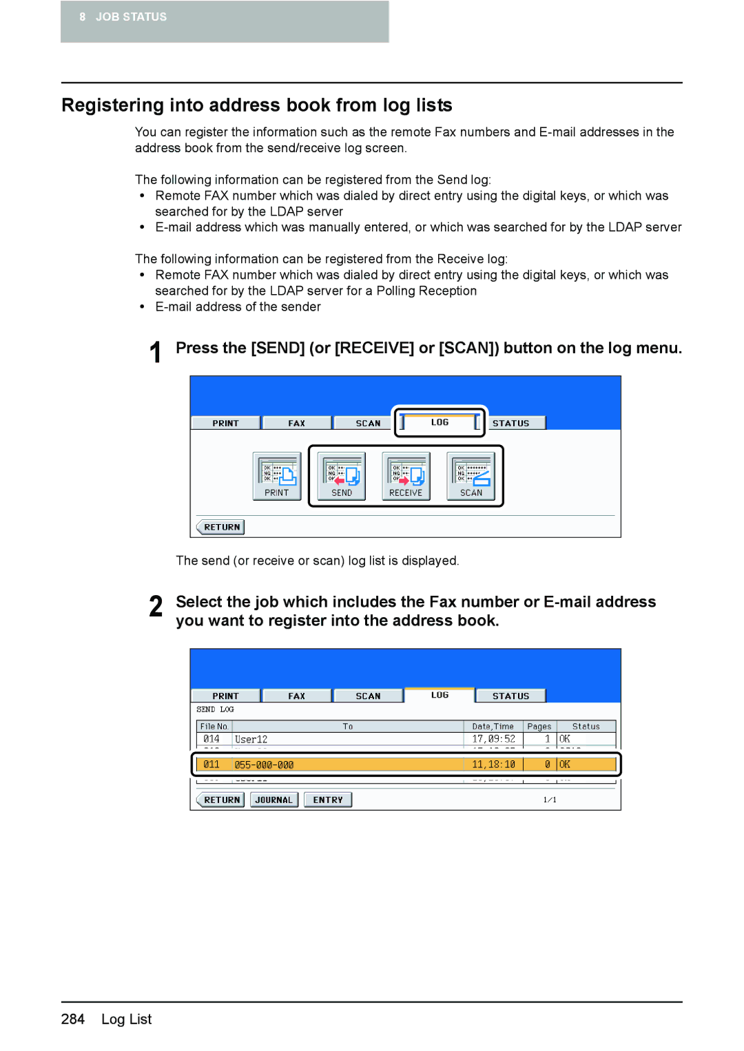 Toshiba e-STUDIO2500c/3500c/3510c manual Registering into address book from log lists 