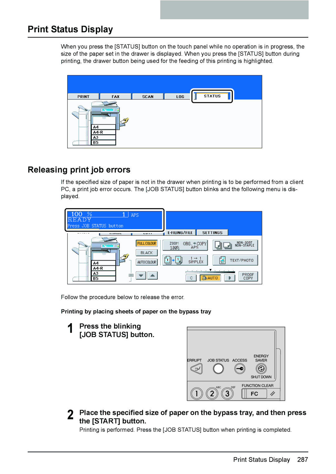 Toshiba e-STUDIO2500c/3500c/3510c Print Status Display, Releasing print job errors, Press the blinking JOB Status button 