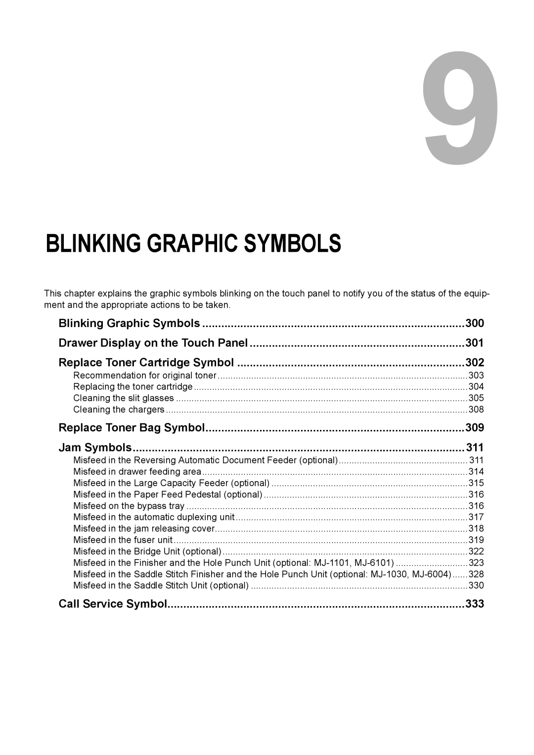 Toshiba e-STUDIO2500c/3500c/3510c manual Blinking Graphic Symbols 300, 301, Replace Toner Cartridge Symbol 302 