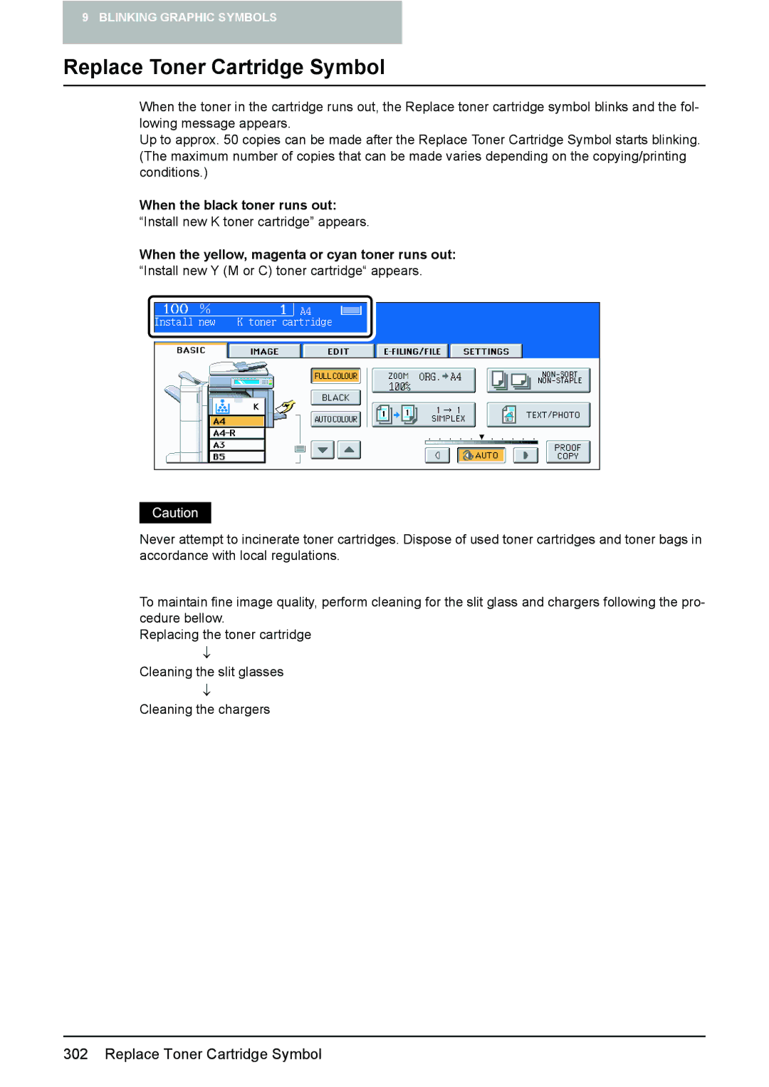 Toshiba e-STUDIO2500c/3500c/3510c manual Replace Toner Cartridge Symbol, When the black toner runs out 