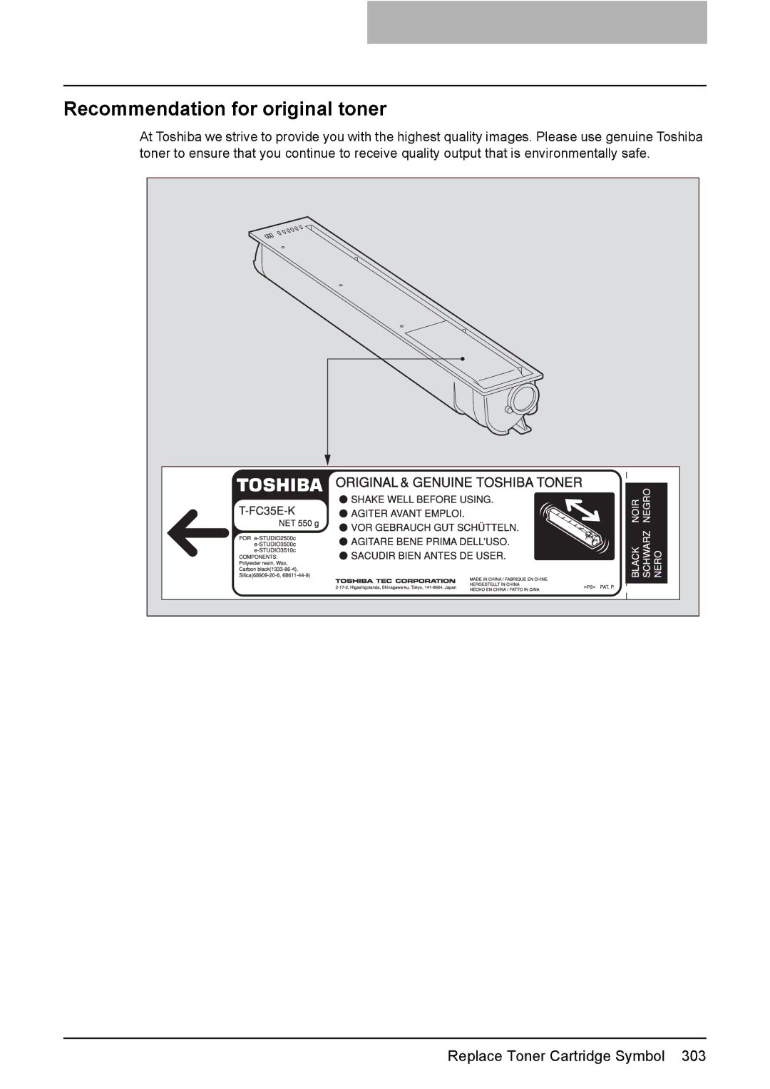 Toshiba e-STUDIO2500c/3500c/3510c manual Recommendation for original toner 