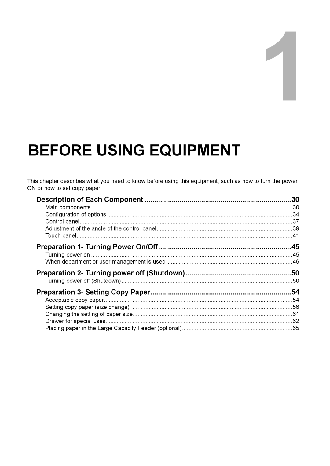 Toshiba e-STUDIO2500c/3500c/3510c manual Description of Each Component, Preparation 1- Turning Power On/Off 