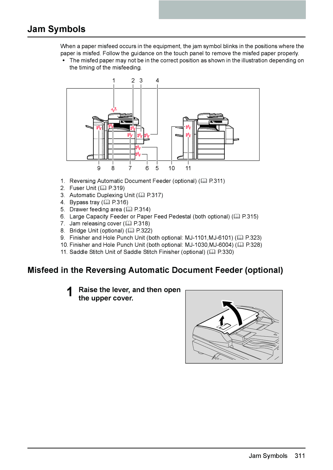 Toshiba e-STUDIO2500c/3500c/3510c manual Jam Symbols, Misfeed in the Reversing Automatic Document Feeder optional 