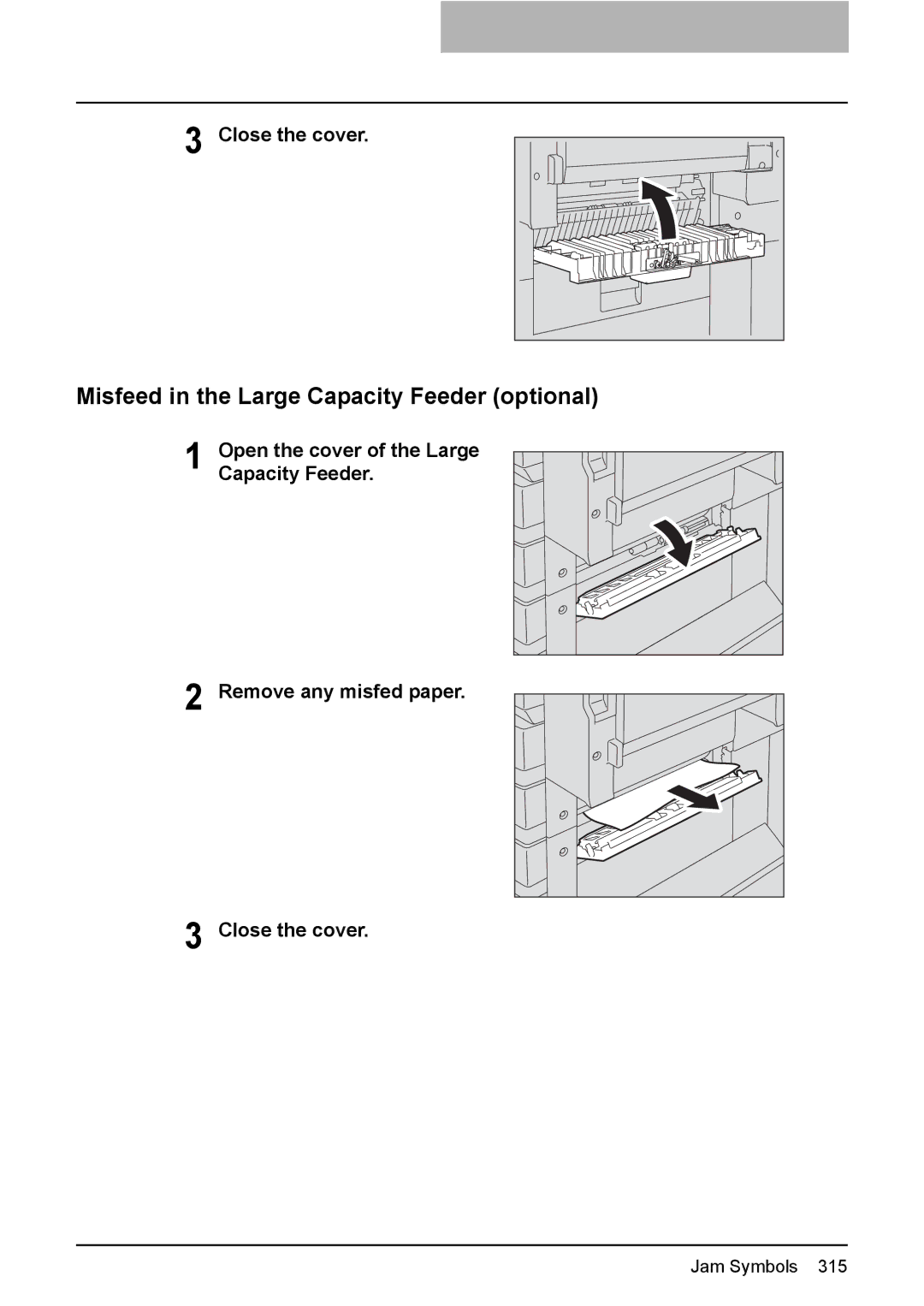 Toshiba e-STUDIO2500c/3500c/3510c manual Misfeed in the Large Capacity Feeder optional, Close the cover 