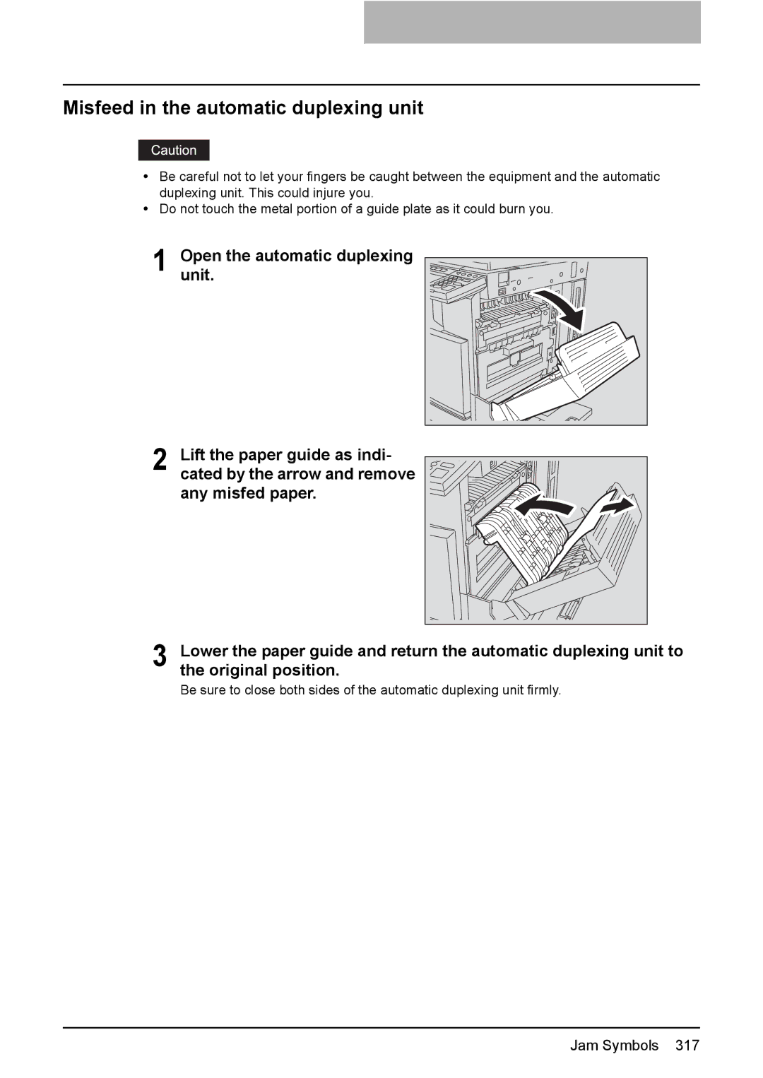 Toshiba e-STUDIO2500c/3500c/3510c manual Misfeed in the automatic duplexing unit 