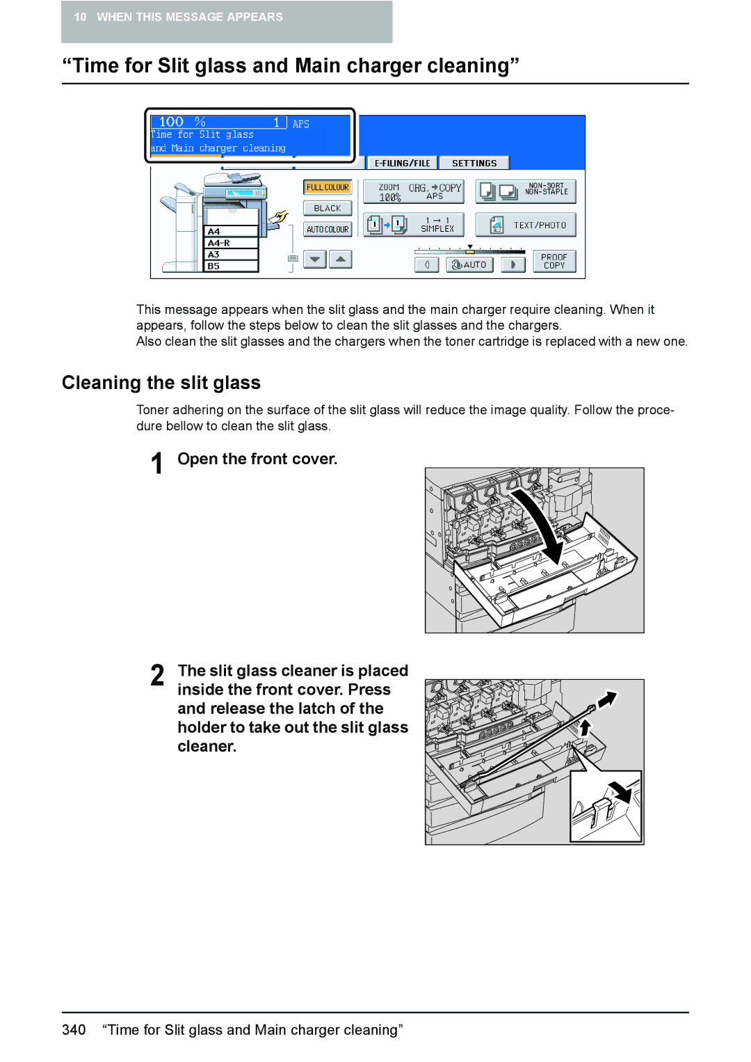 Toshiba e-STUDIO2500c/3500c/3510c manual Time for Slit glass and Main charger cleaning, Cleaning the slit glass 