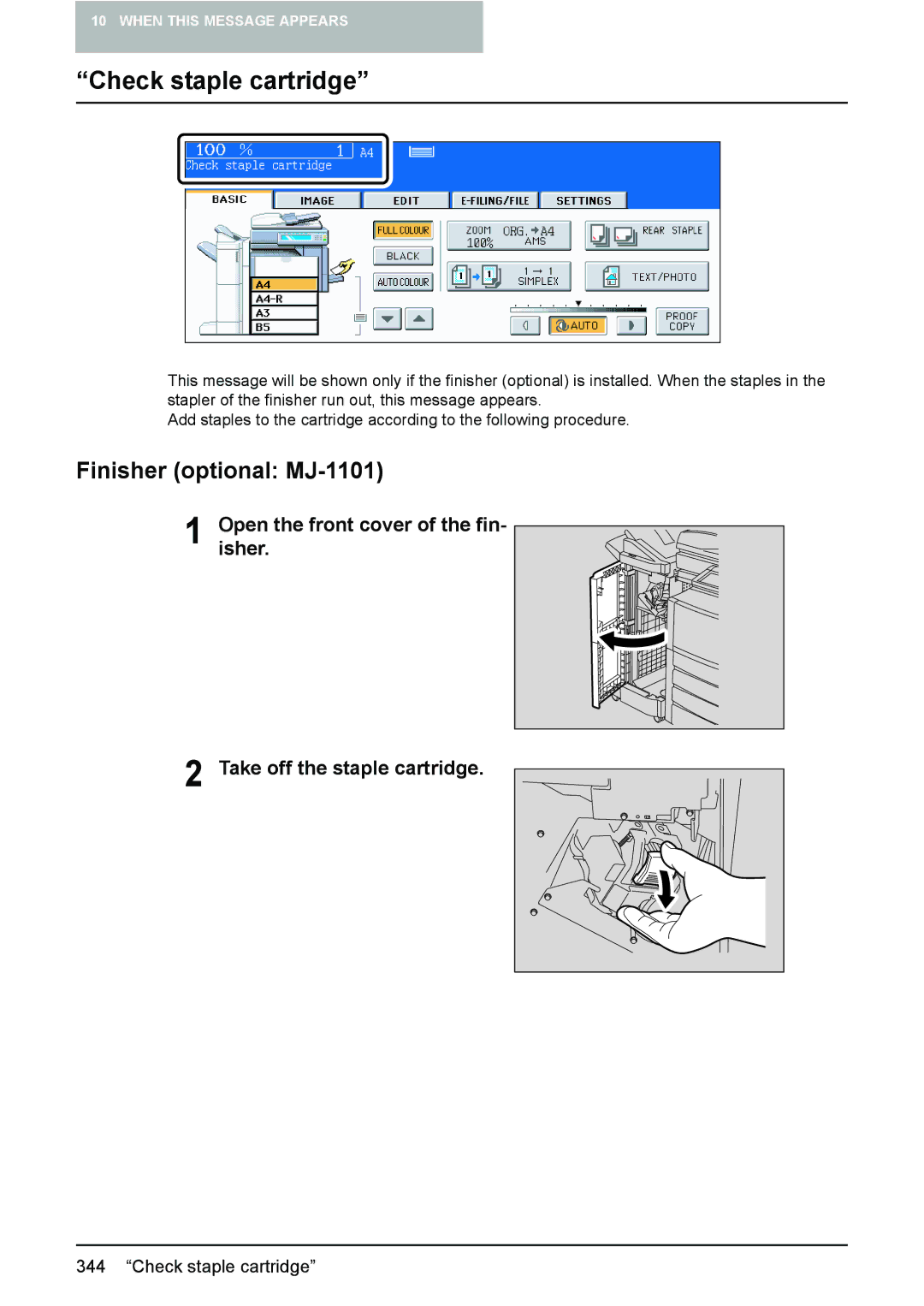 Toshiba e-STUDIO2500c/3500c/3510c manual Check staple cartridge, Finisher optional MJ-1101 