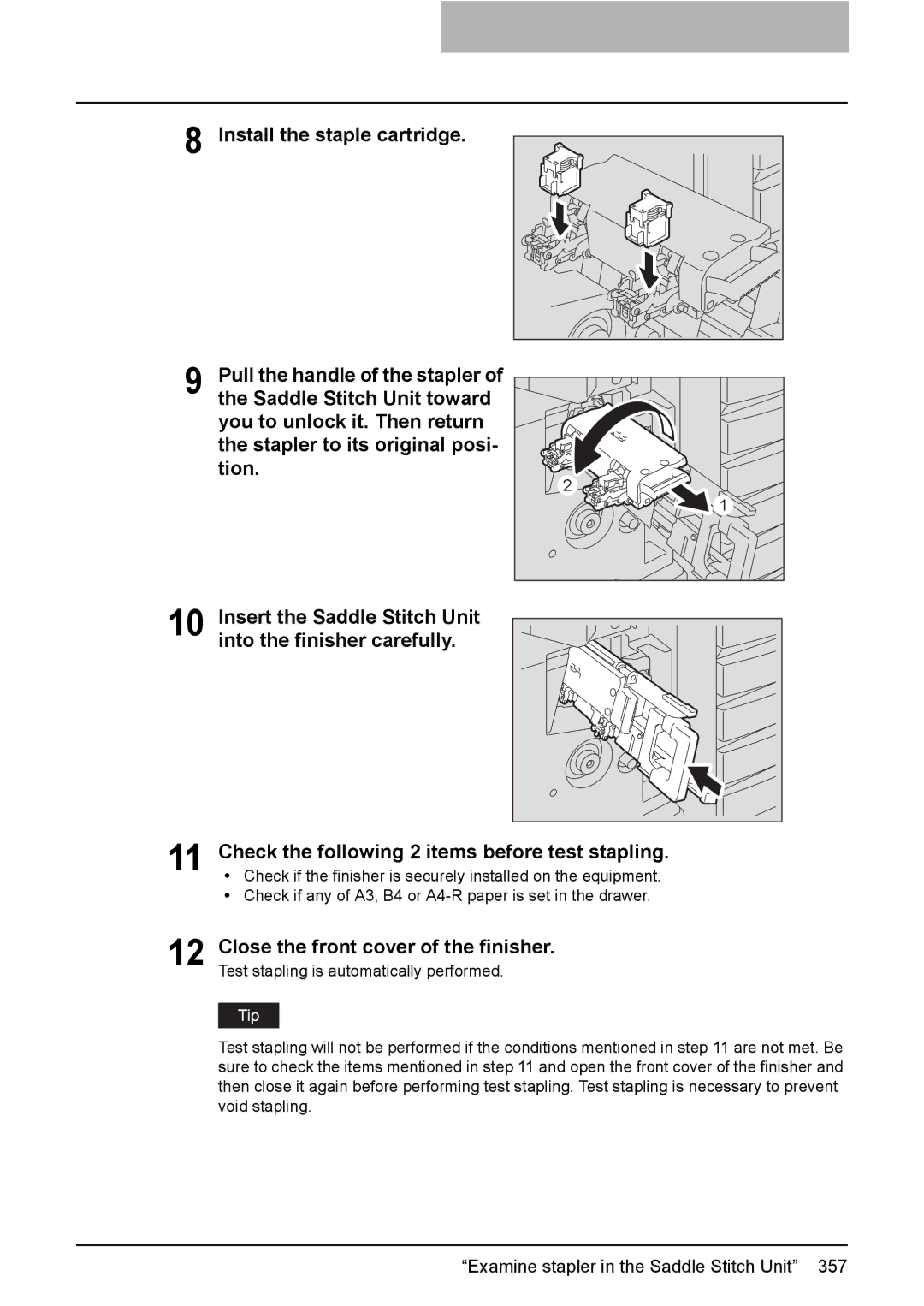 Toshiba e-STUDIO2500c/3500c/3510c manual Install the staple cartridge, Close the front cover of the finisher 