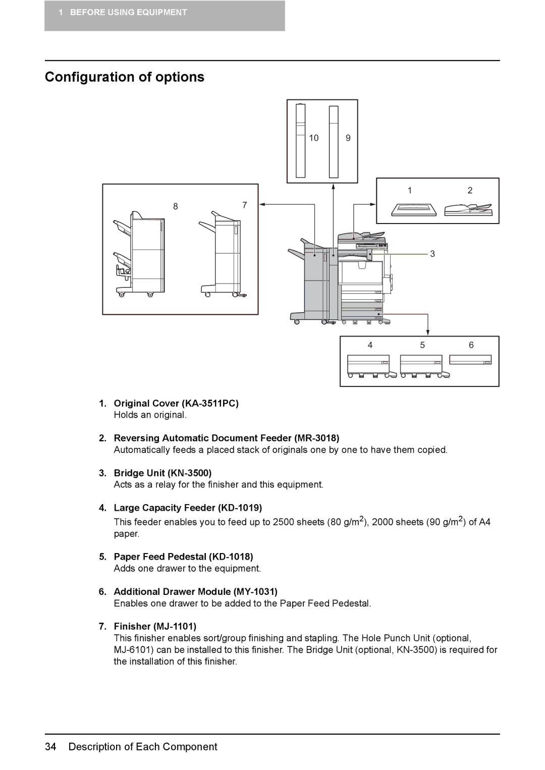 Toshiba e-STUDIO2500c/3500c/3510c manual Configuration of options, Bridge Unit KN-3500, Large Capacity Feeder KD-1019 