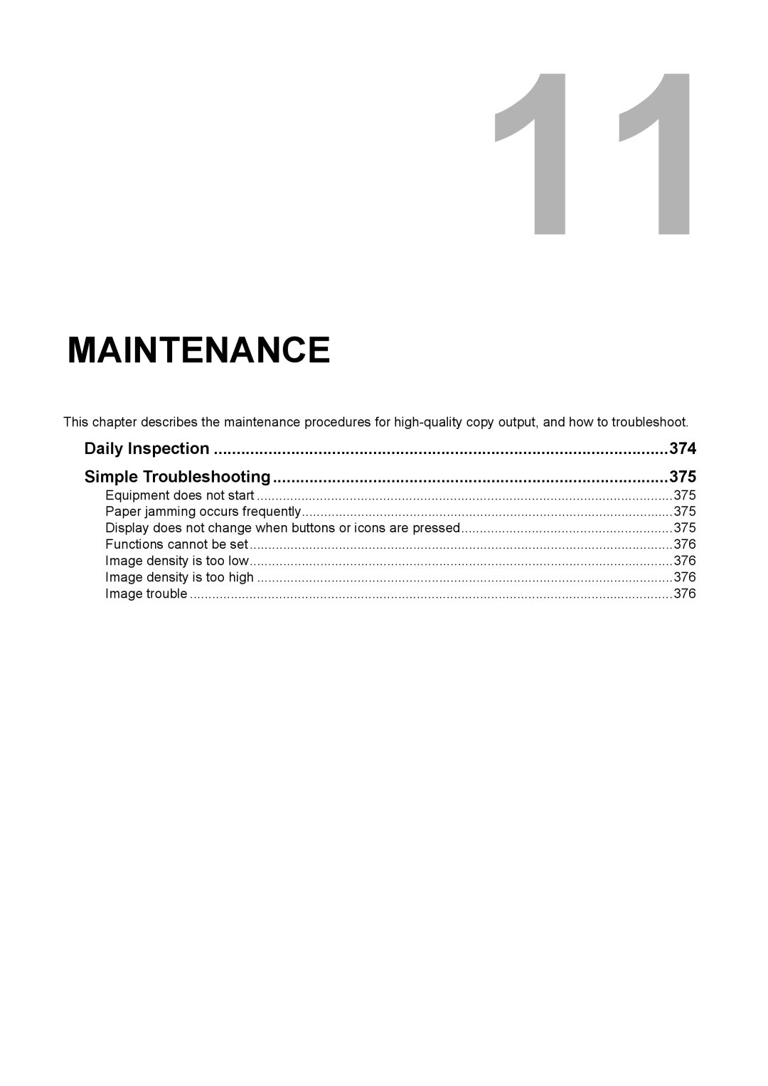 Toshiba e-STUDIO2500c/3500c/3510c manual Maintenance, Daily Inspection 374 Simple Troubleshooting 375 