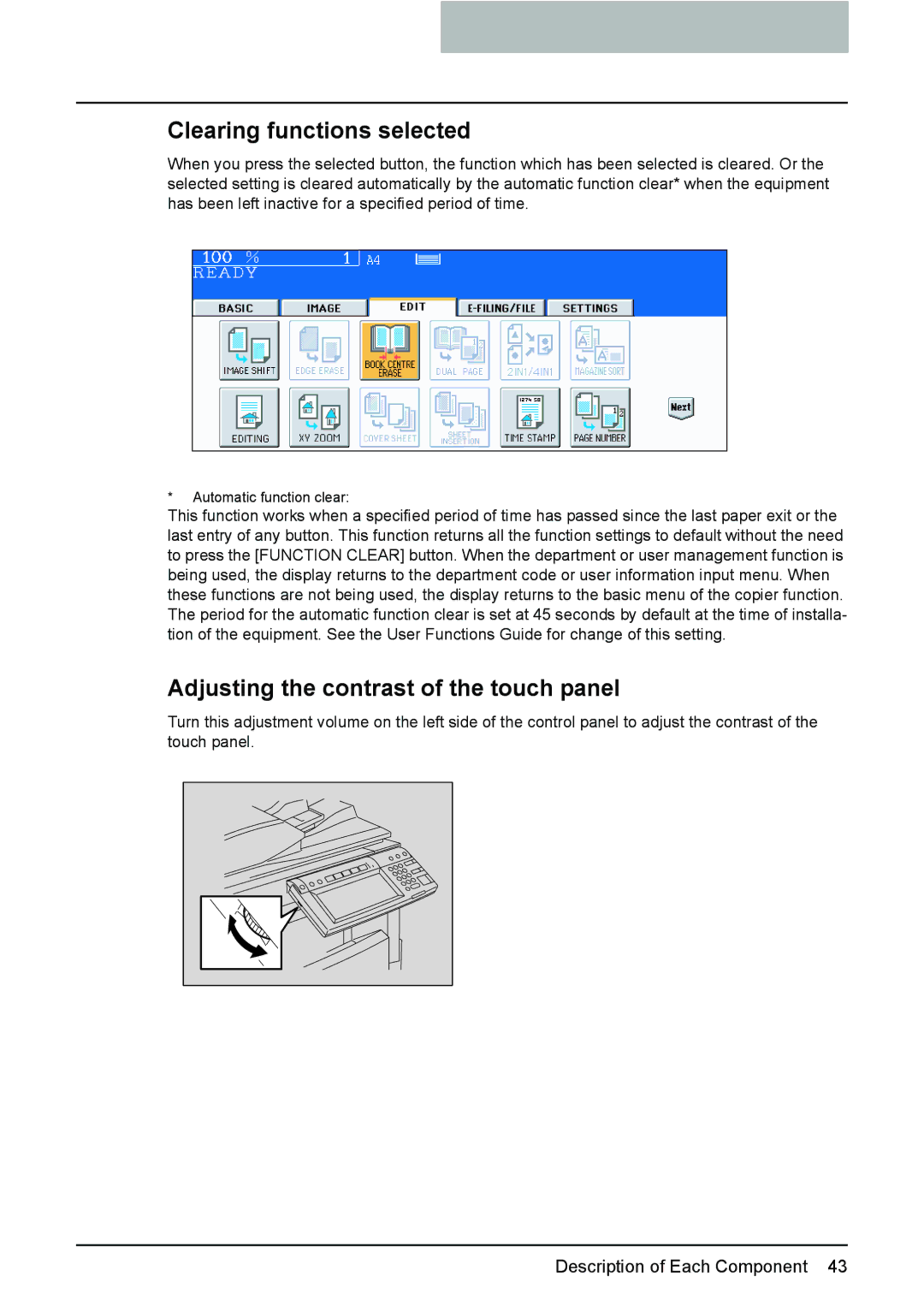 Toshiba e-STUDIO2500c/3500c/3510c manual Clearing functions selected, Adjusting the contrast of the touch panel 