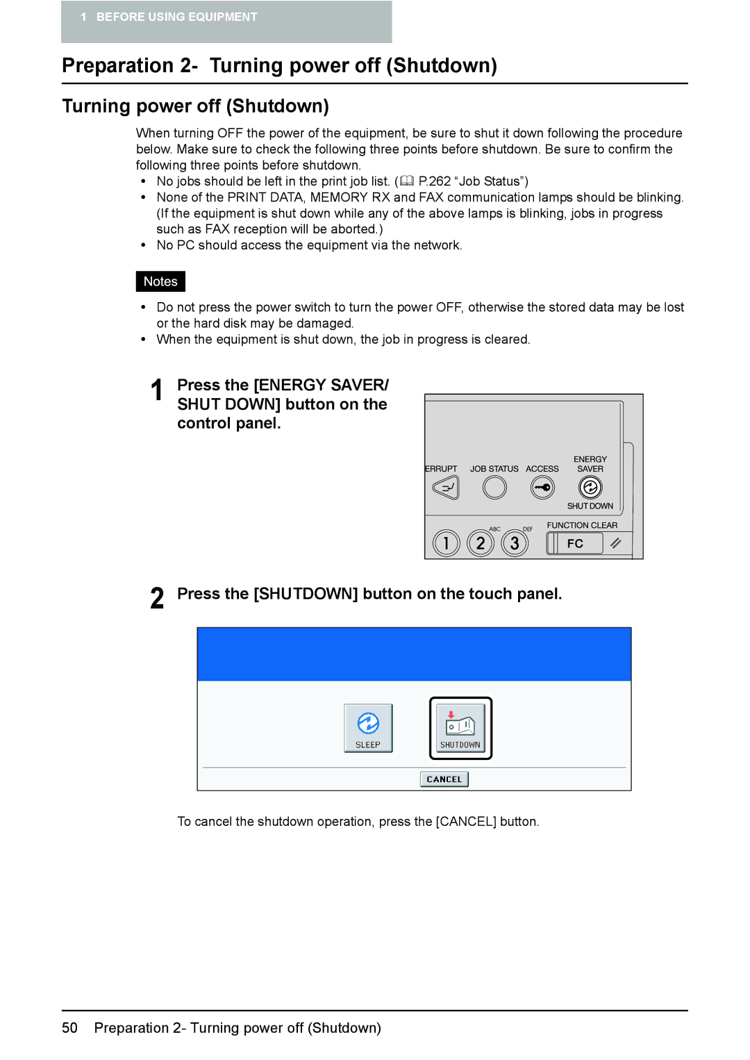 Toshiba e-STUDIO2500c/3500c/3510c manual Preparation 2- Turning power off Shutdown 