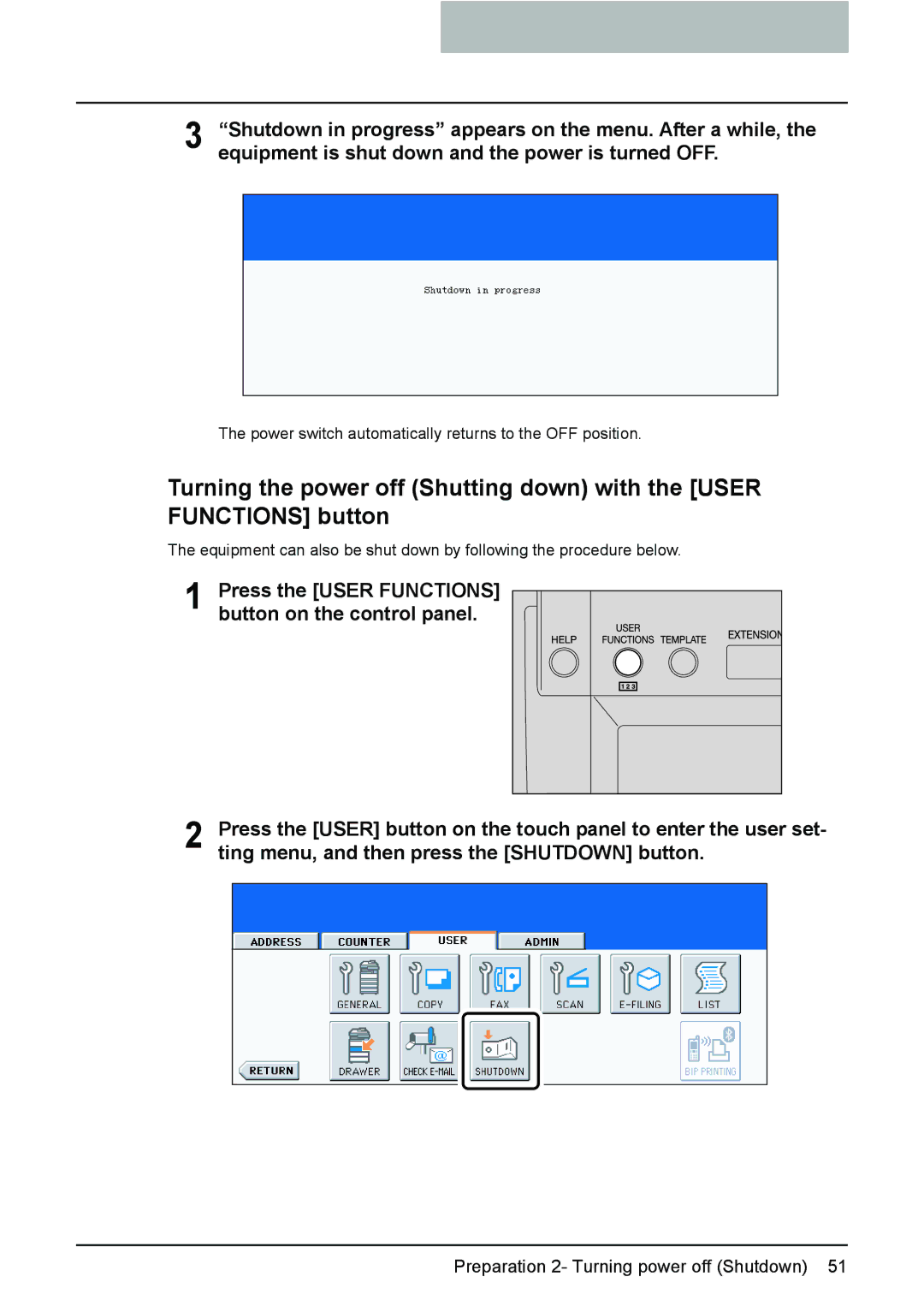 Toshiba e-STUDIO2500c/3500c/3510c manual Press the User Functions button on the control panel 