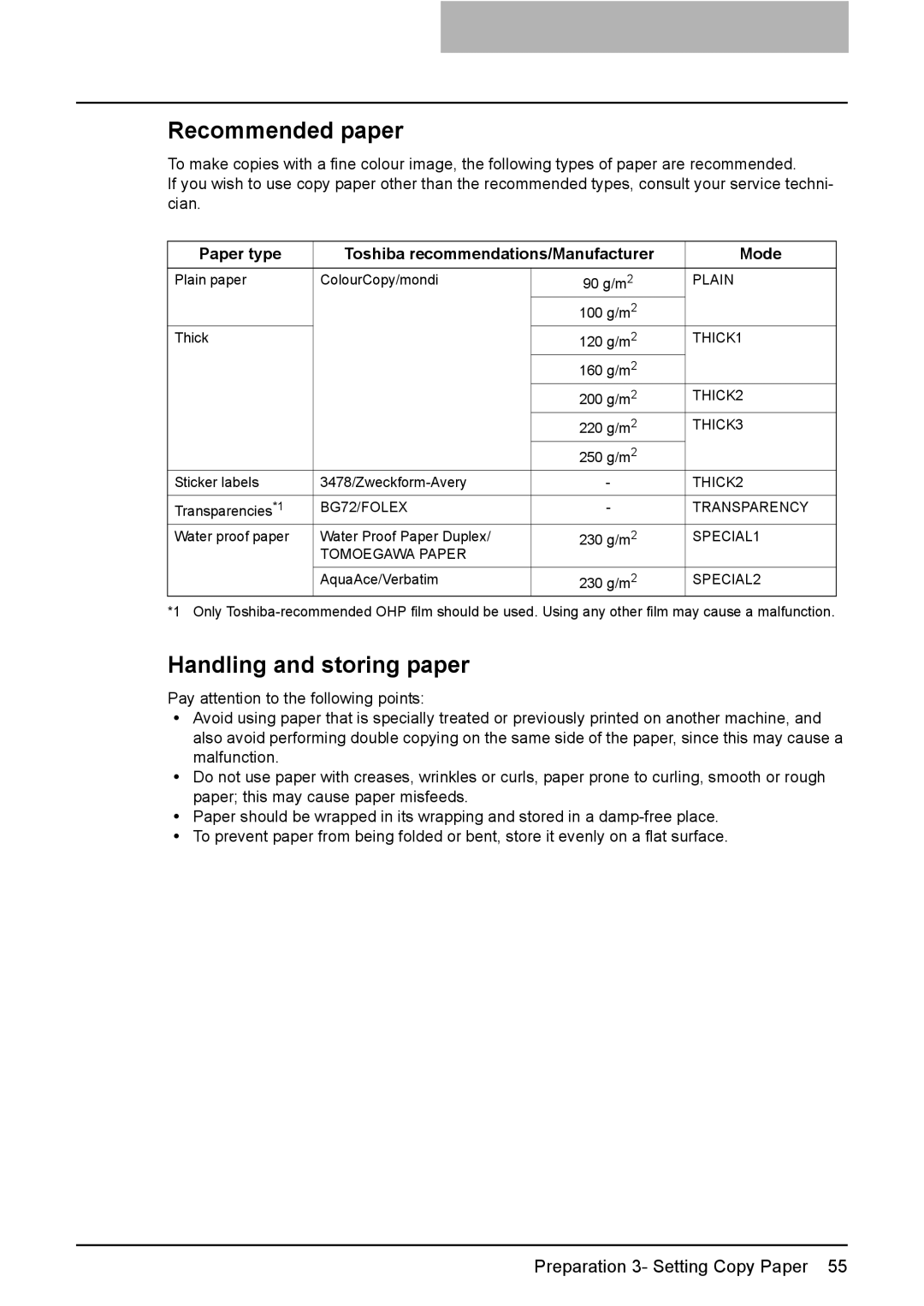 Toshiba e-STUDIO2500c/3500c/3510c manual Recommended paper, Handling and storing paper 