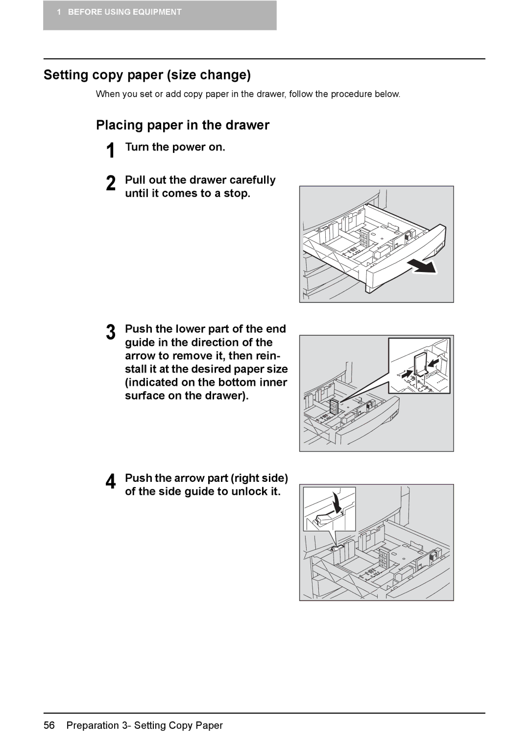 Toshiba e-STUDIO2500c/3500c/3510c Setting copy paper size change, Placing paper in the drawer, Side guide to unlock it 