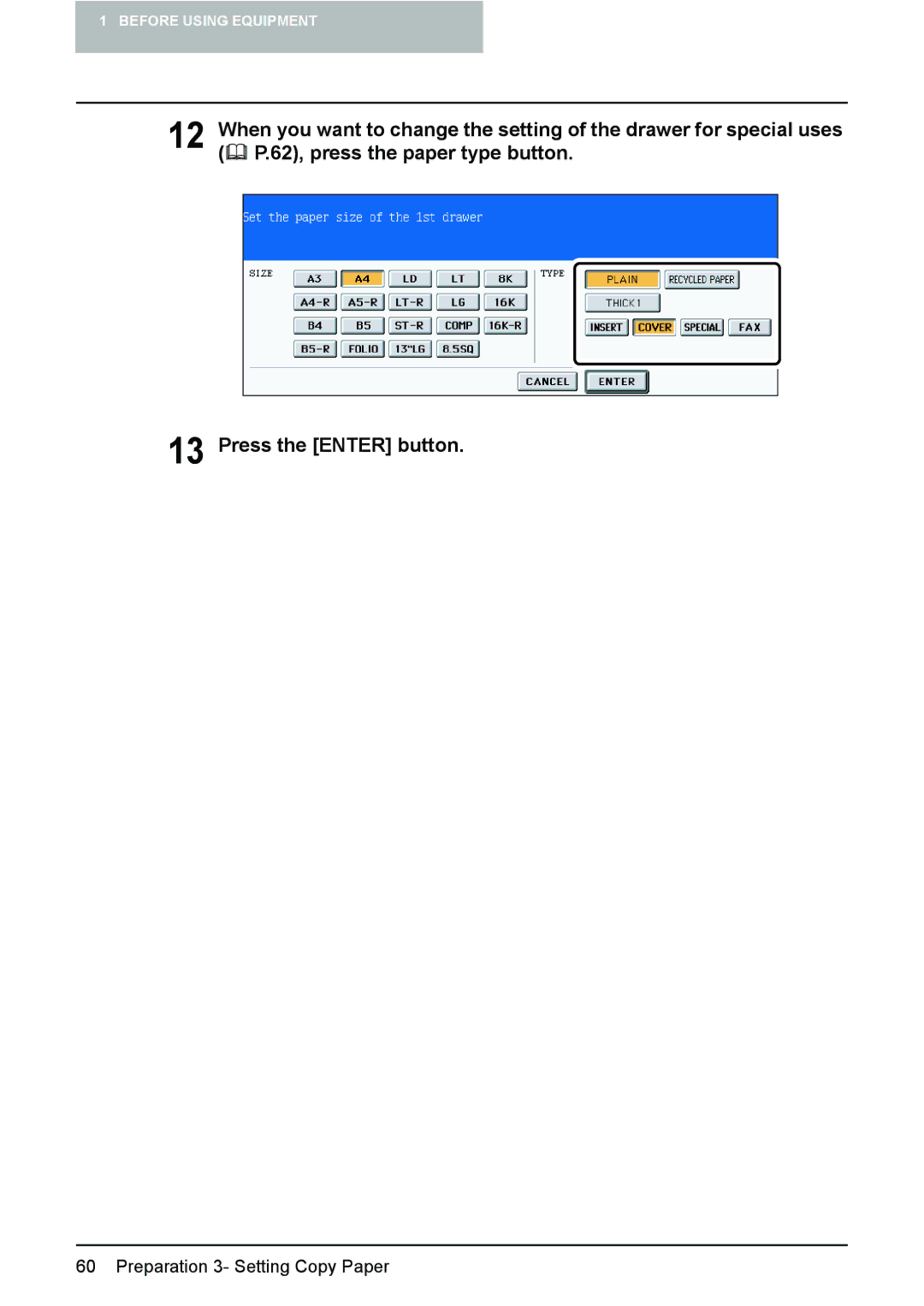 Toshiba e-STUDIO2500c/3500c/3510c manual 62, press the paper type button, Press the Enter button 