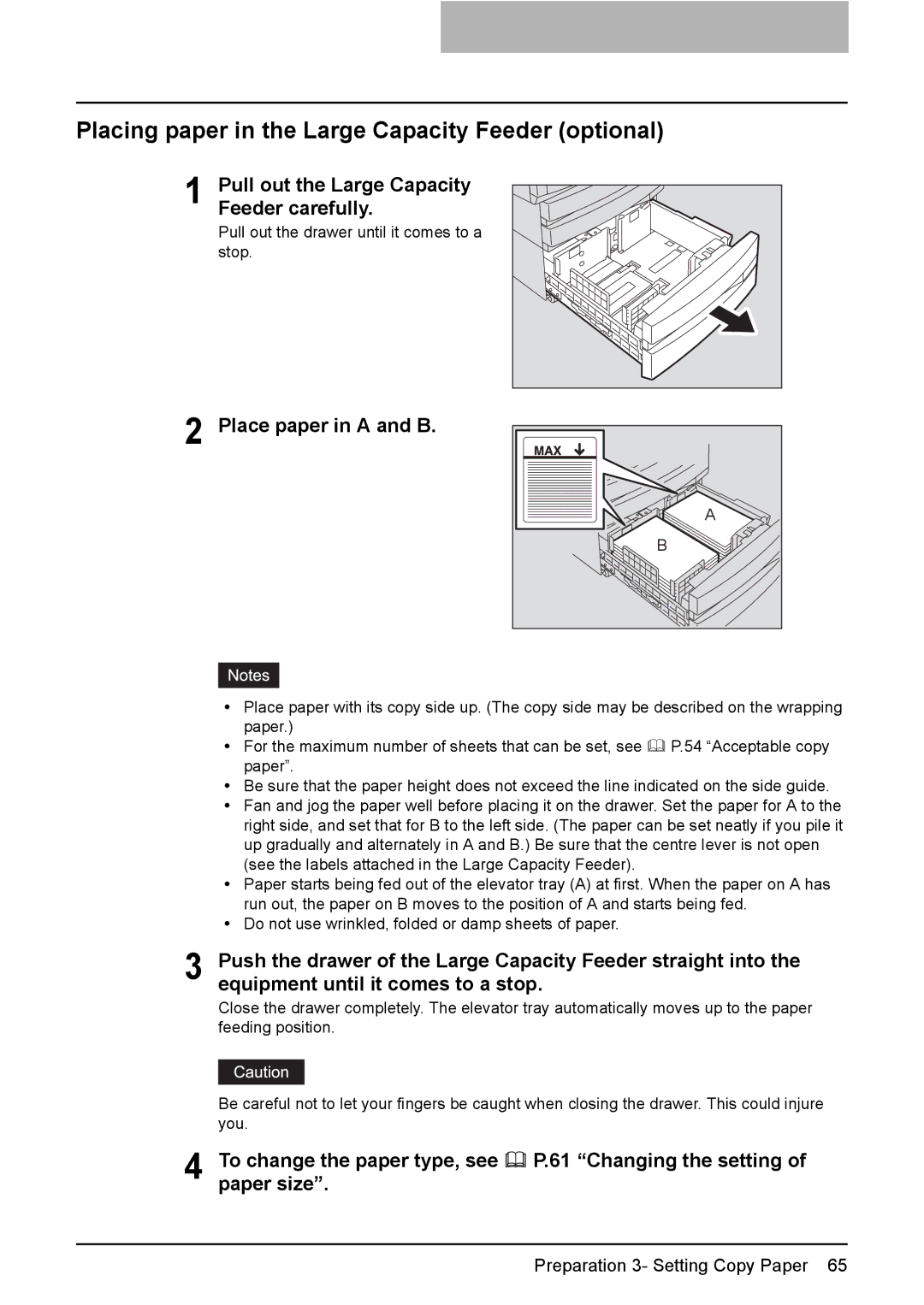 Toshiba e-STUDIO2500c/3500c/3510c manual Placing paper in the Large Capacity Feeder optional, Place paper in a and B 