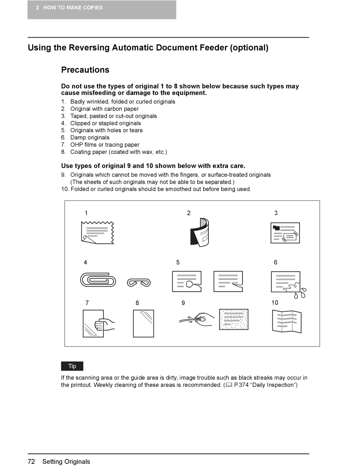 Toshiba e-STUDIO2500c/3500c/3510c manual Use types of original 9 and 10 shown below with extra care 