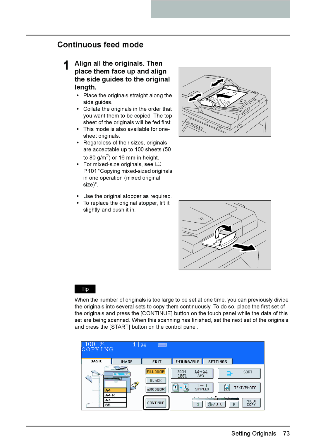 Toshiba e-STUDIO2500c/3500c/3510c manual Continuous feed mode, Place the originals straight along the side guides 