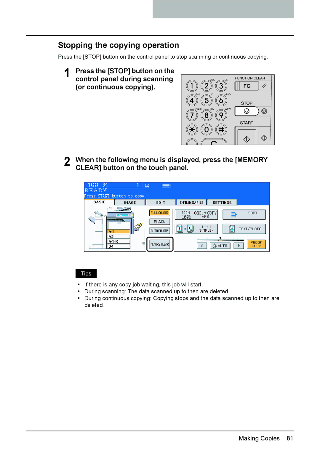 Toshiba e-STUDIO2500c/3500c/3510c Stopping the copying operation, Control panel during scanning, Press the Stop button on 