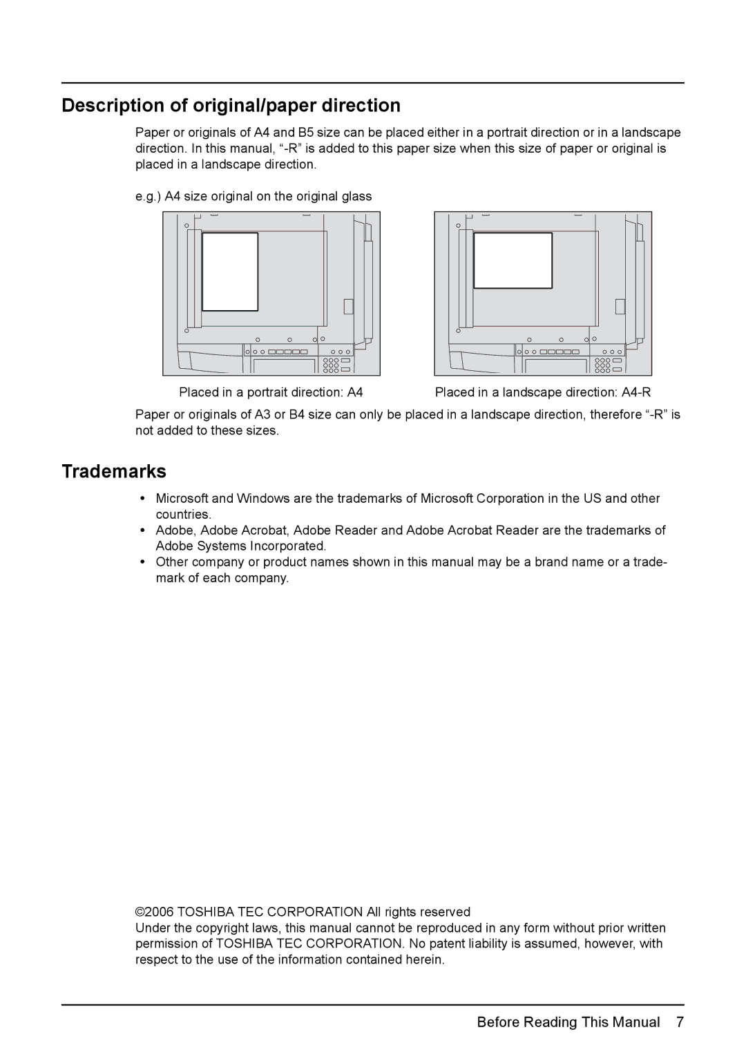 Toshiba e-STUDIO2500c/3500c/3510c manual Description of original/paper direction, Trademarks 