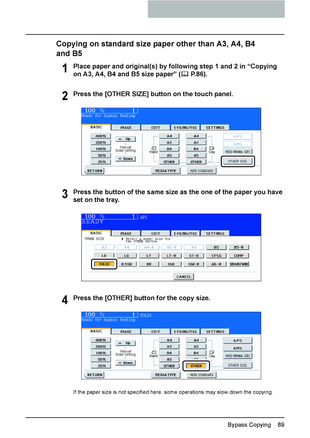 Toshiba e-STUDIO2500c/3500c/3510c manual Copying on standard size paper other than A3, A4, B4 and B5 