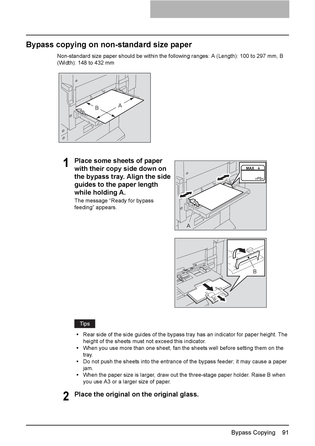 Toshiba e-STUDIO2500c/3500c/3510c Bypass copying on non-standard size paper, Place the original on the original glass 