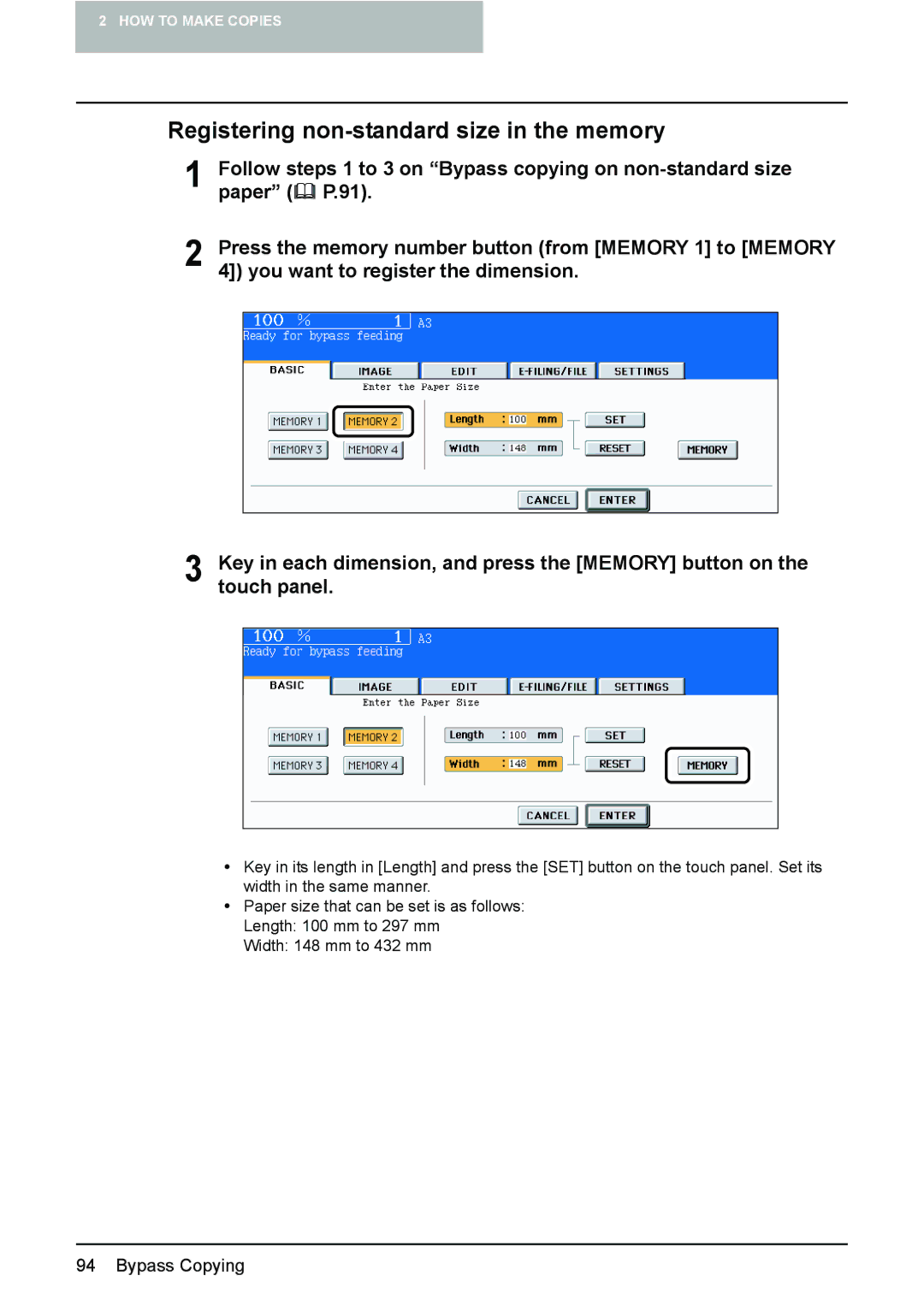 Toshiba e-STUDIO2500c/3500c/3510c manual Registering non-standard size in the memory 