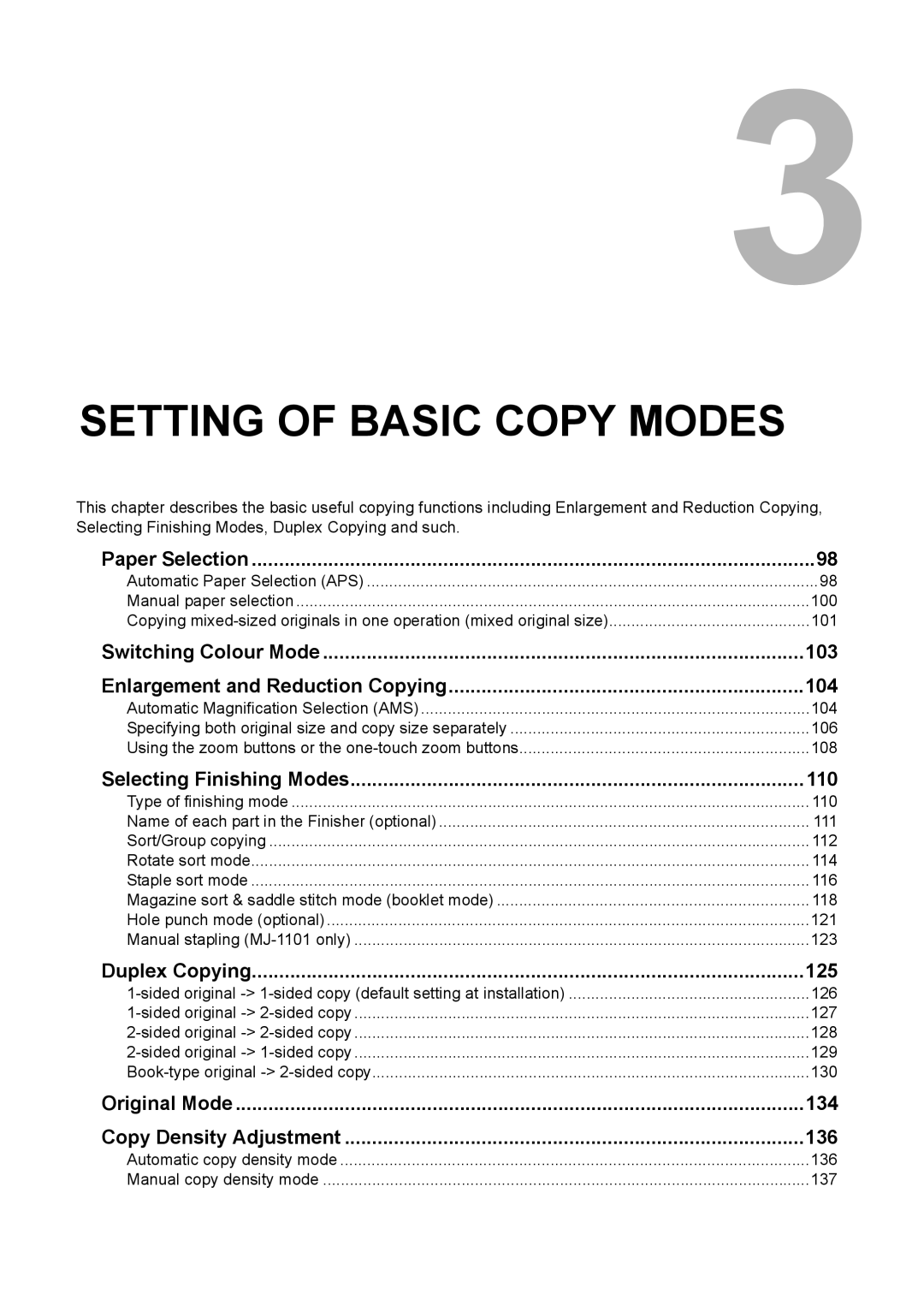 Toshiba e-STUDIO2500c/3500c/3510c manual Selecting Finishing Modes 110, Duplex Copying 125, Paper Selection 