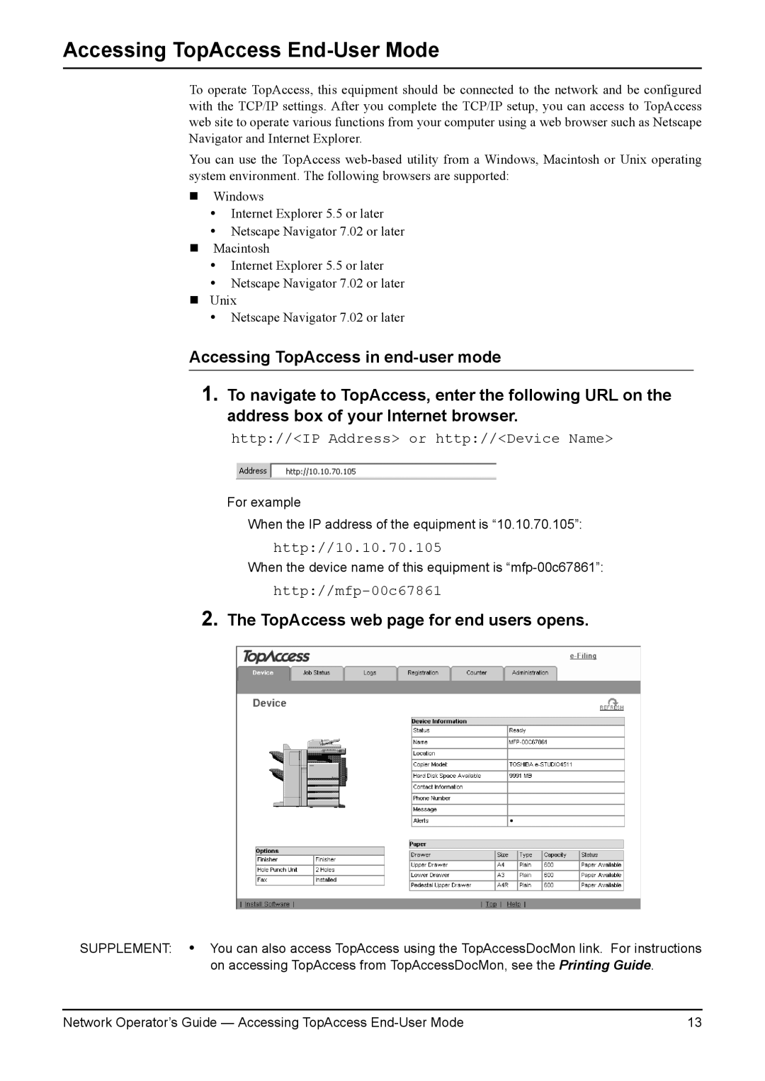 Toshiba e-STUDIO200L/230L, e-STUDIO350/450 manual Accessing TopAccess End-User Mode, TopAccess web page for end users opens 