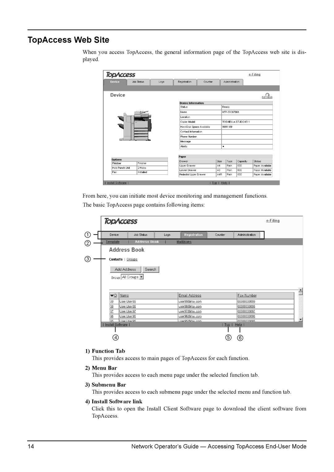 Toshiba e-STUDIO230/280, e-STUDIO350/450 TopAccess Web Site, Function Tab, Menu Bar, Submenu Bar, Install Software link 